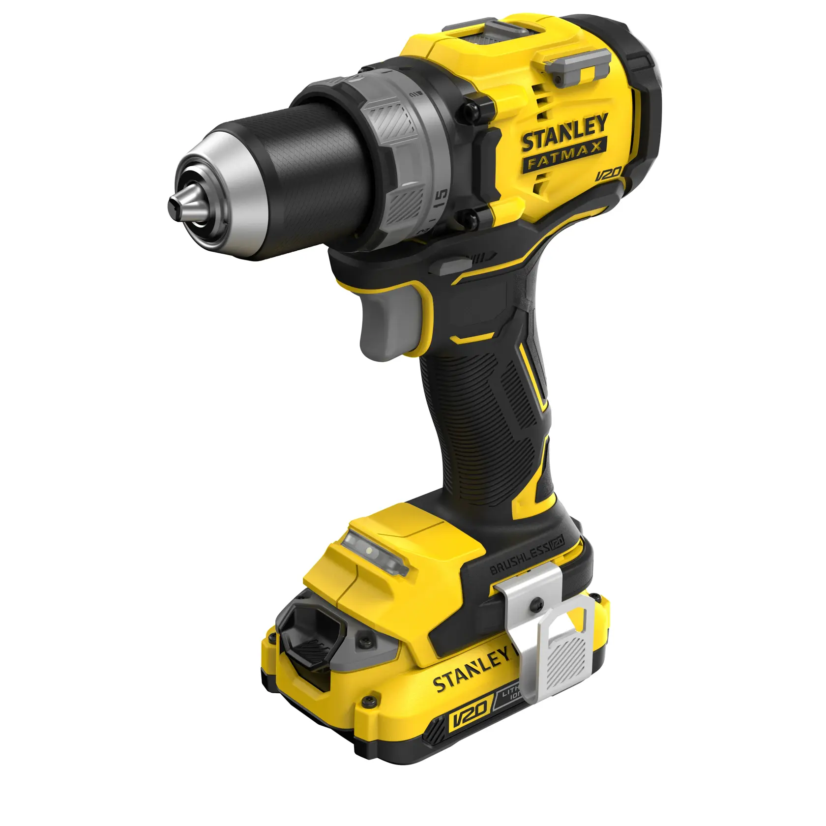 Stanley SFMCD725D2K cordless drill, yellow and black, right side angle, rugged grip, brushless motor.