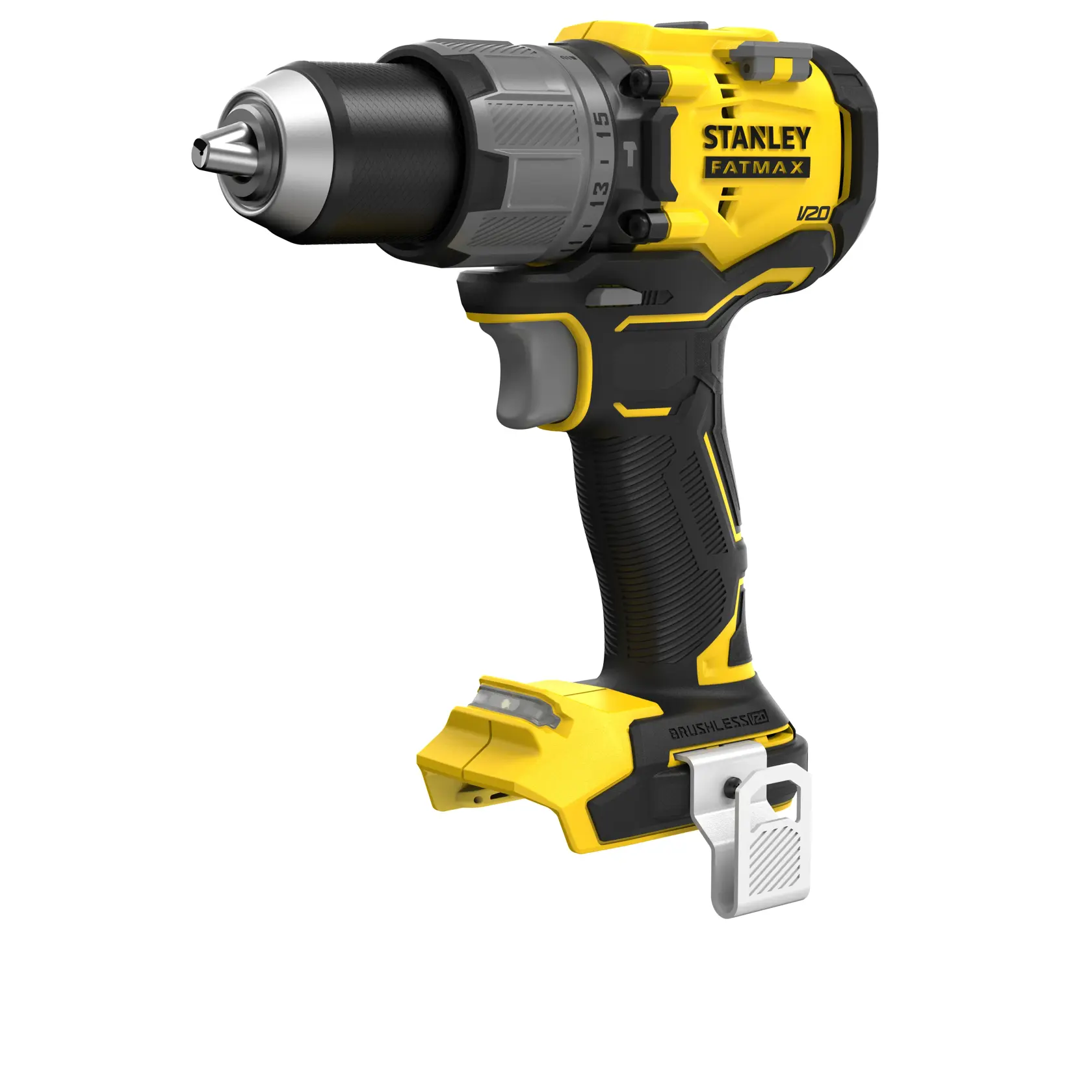 STANLEY SFMCD726B cordless brushless drill, yellow and black, side angle on white background.