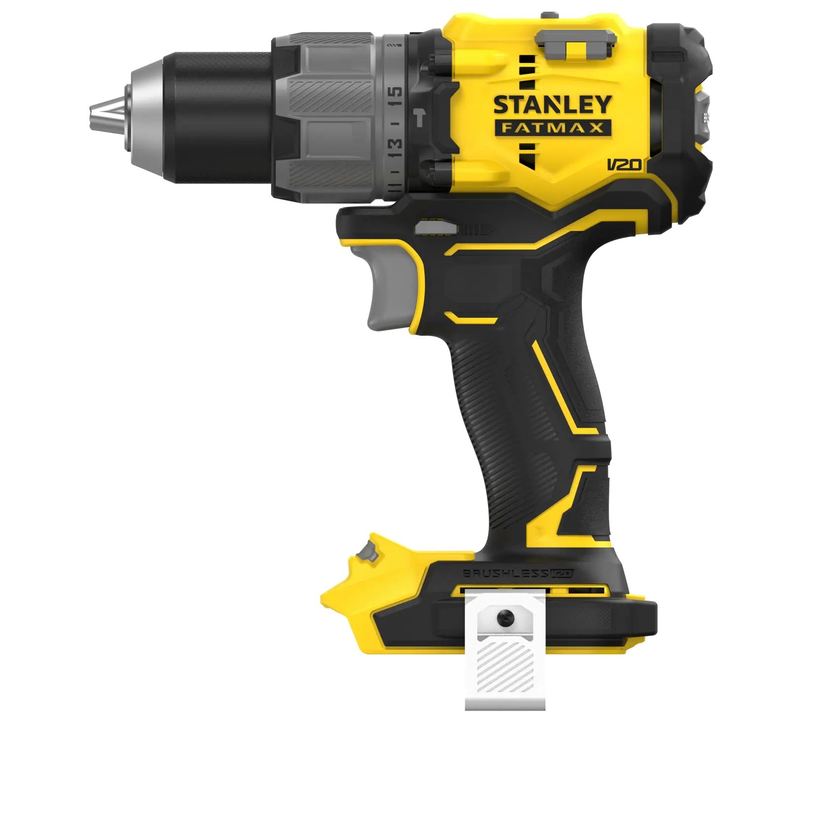 STANLEY SFMCD726B cordless drill driver, yellow and black, side view on white background, compact design.
