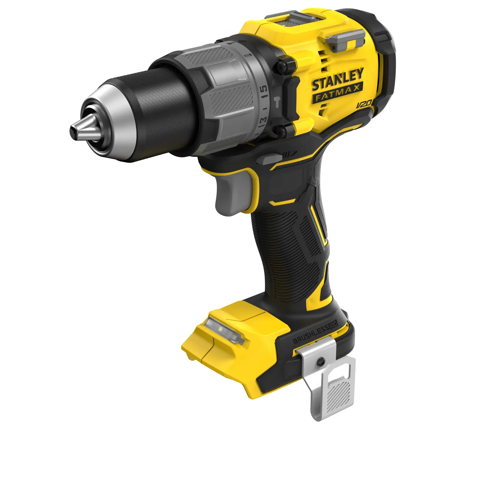 STANLEY SFMCD726B cordless drill with brushless motor, yellow and black, angled front view on white background.