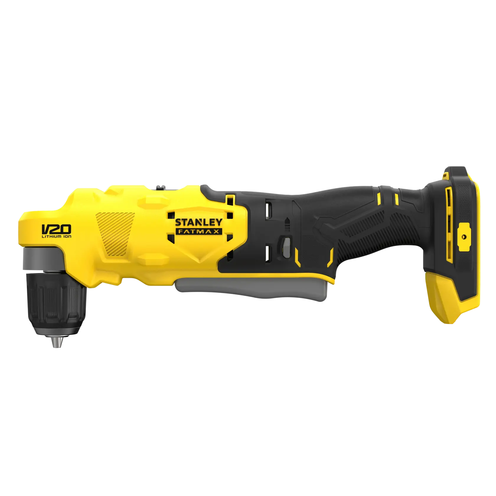 Photo of STANLEY SFMCD750B cordless V20 FATMAX drill, yellow and black, side view on white background.