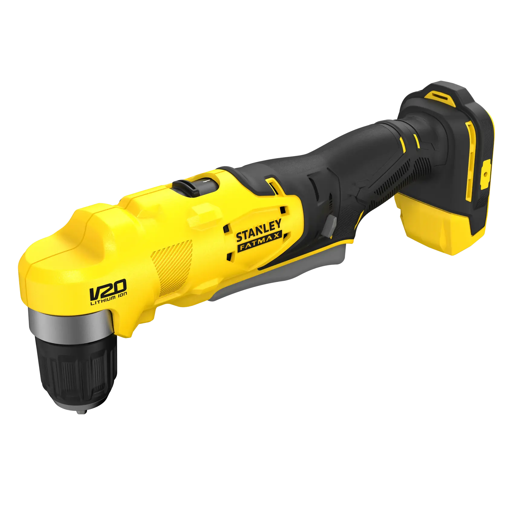 STANLEY SFMCD750B cordless right angle drill, yellow and black, product side view on white background.