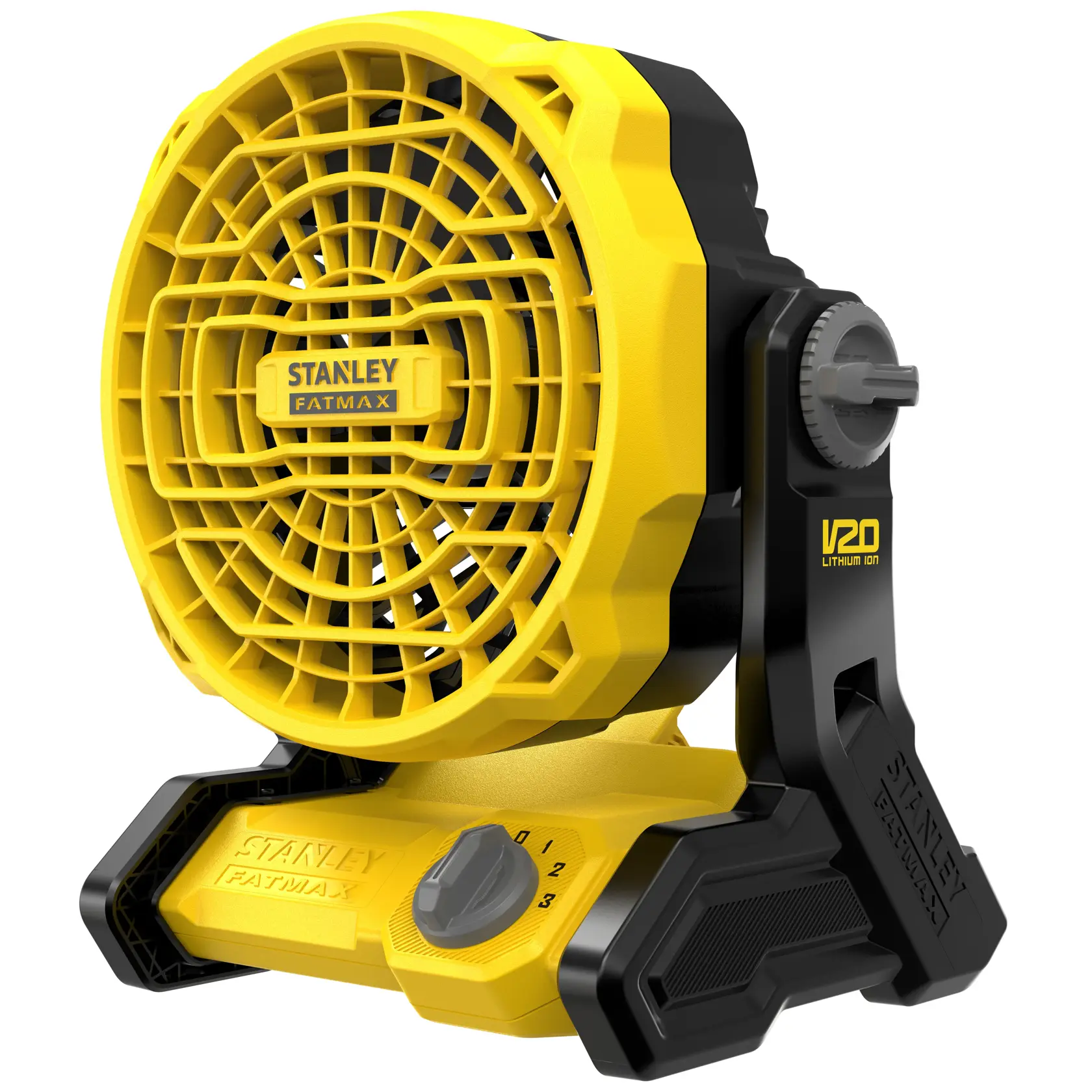 STANLEY SFMCE001B portable yellow and black V20 lithium-ion cordless fan, front angle on white background.