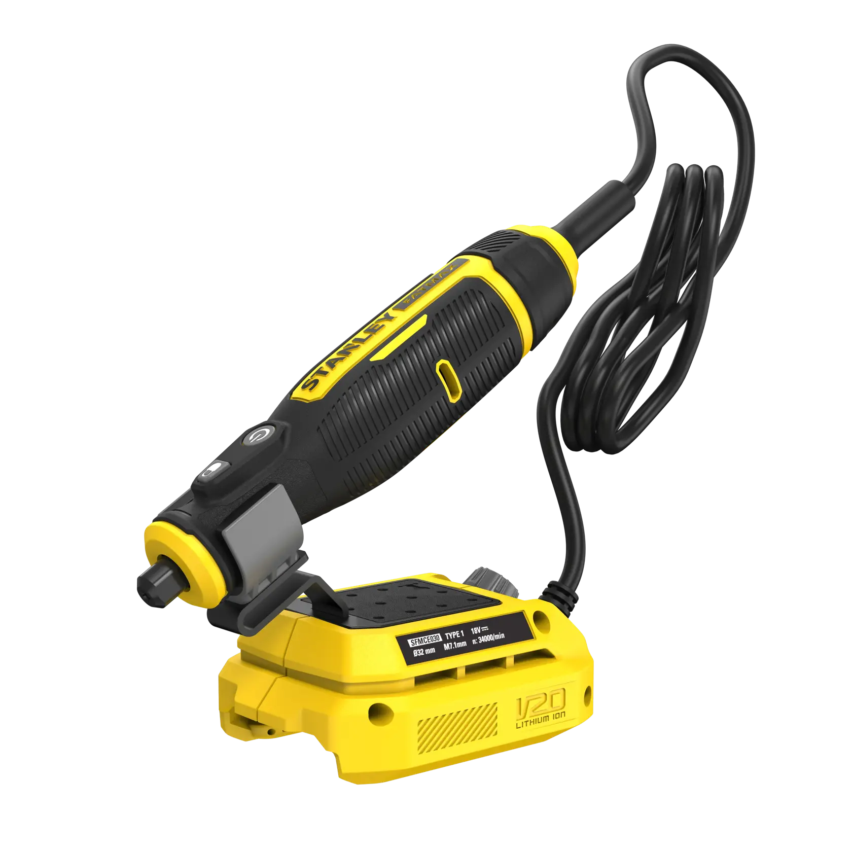 STANLEY SFMCE030B rotary tool with cord, yellow and black, front angle on white background.