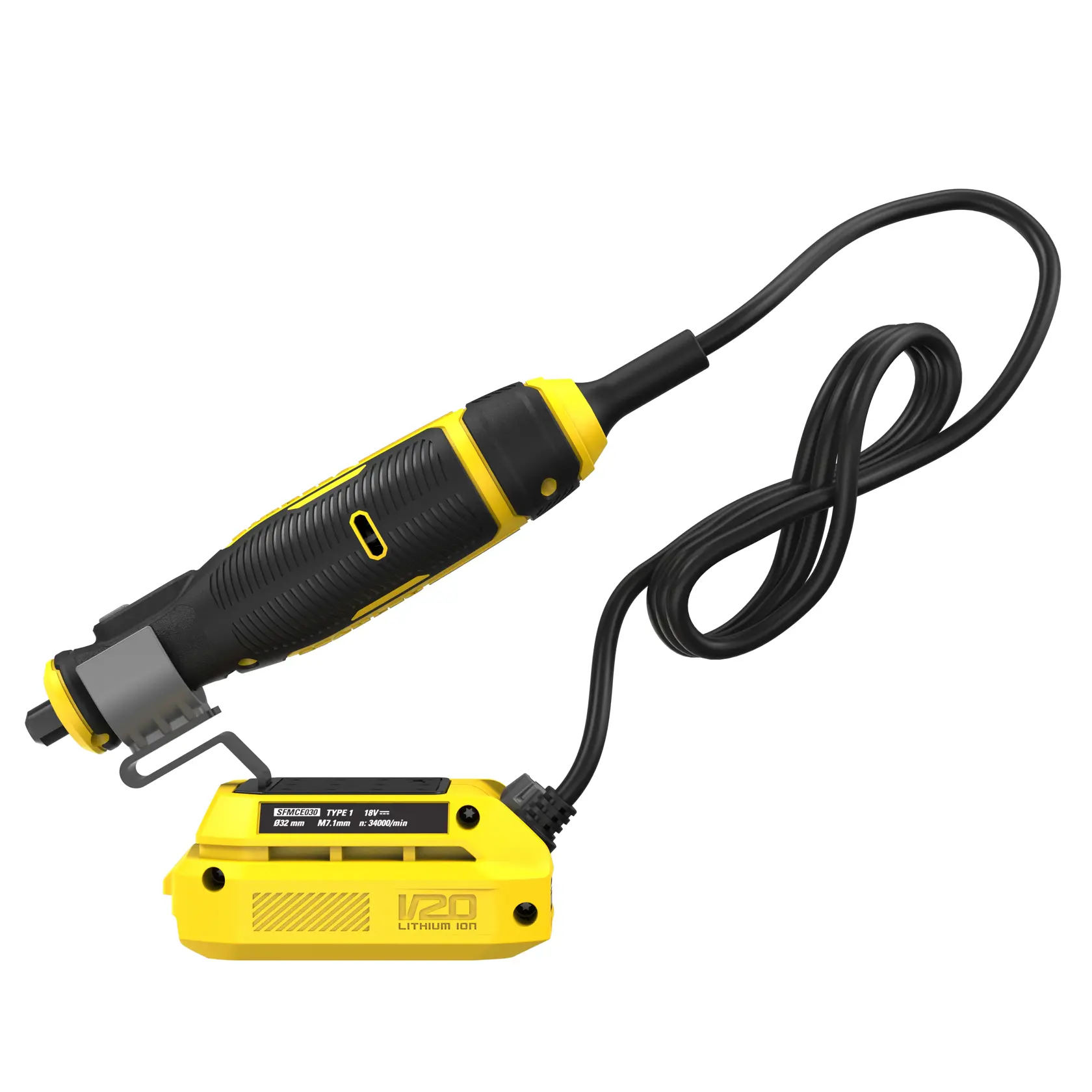 STANLEY SFMCE030B rotary tool with black and yellow body, shown from side angle with V20 lithium-ion battery attached.