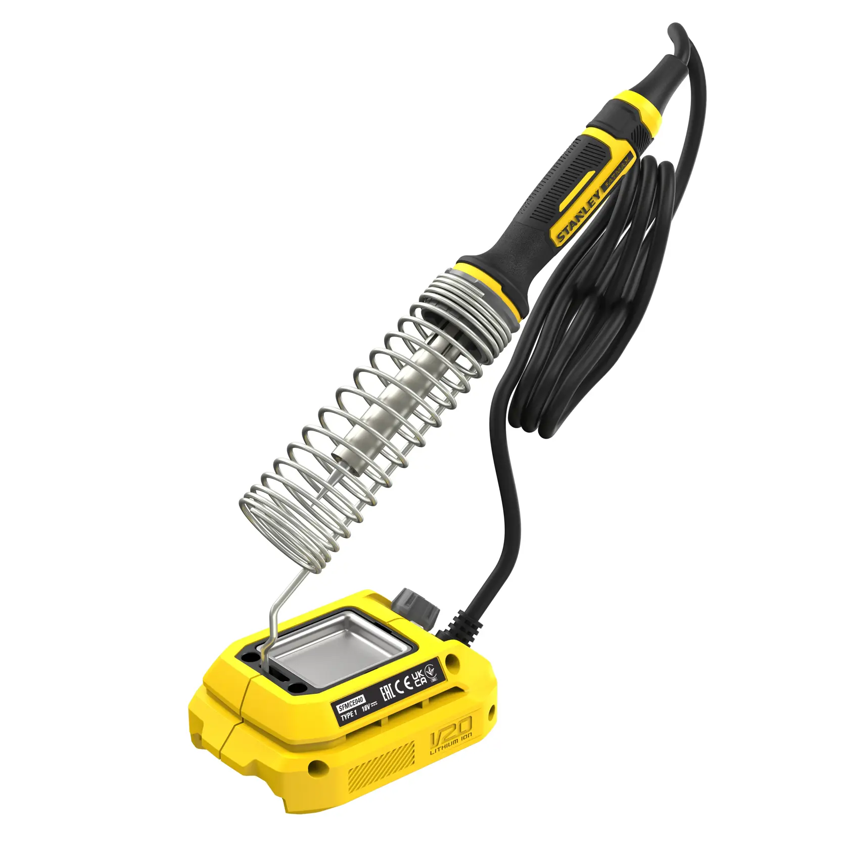 STANLEY SFMCE040B soldering iron with yellow and black handle on white background, includes base and coiled stand.