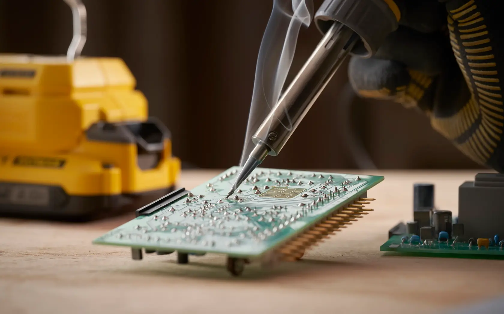 STANLEY SFMCE040B soldering tool in use on electronic circuit board, close-up photo with visible smoke.