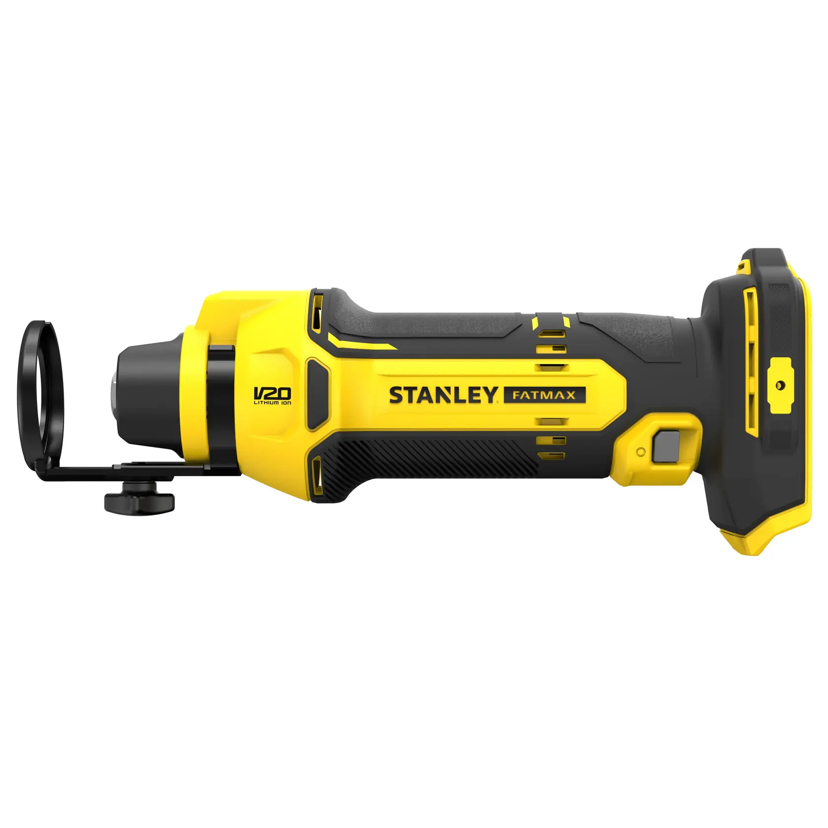 STANLEY SFMCE200B rotary tool, yellow and black, side angle on white background.