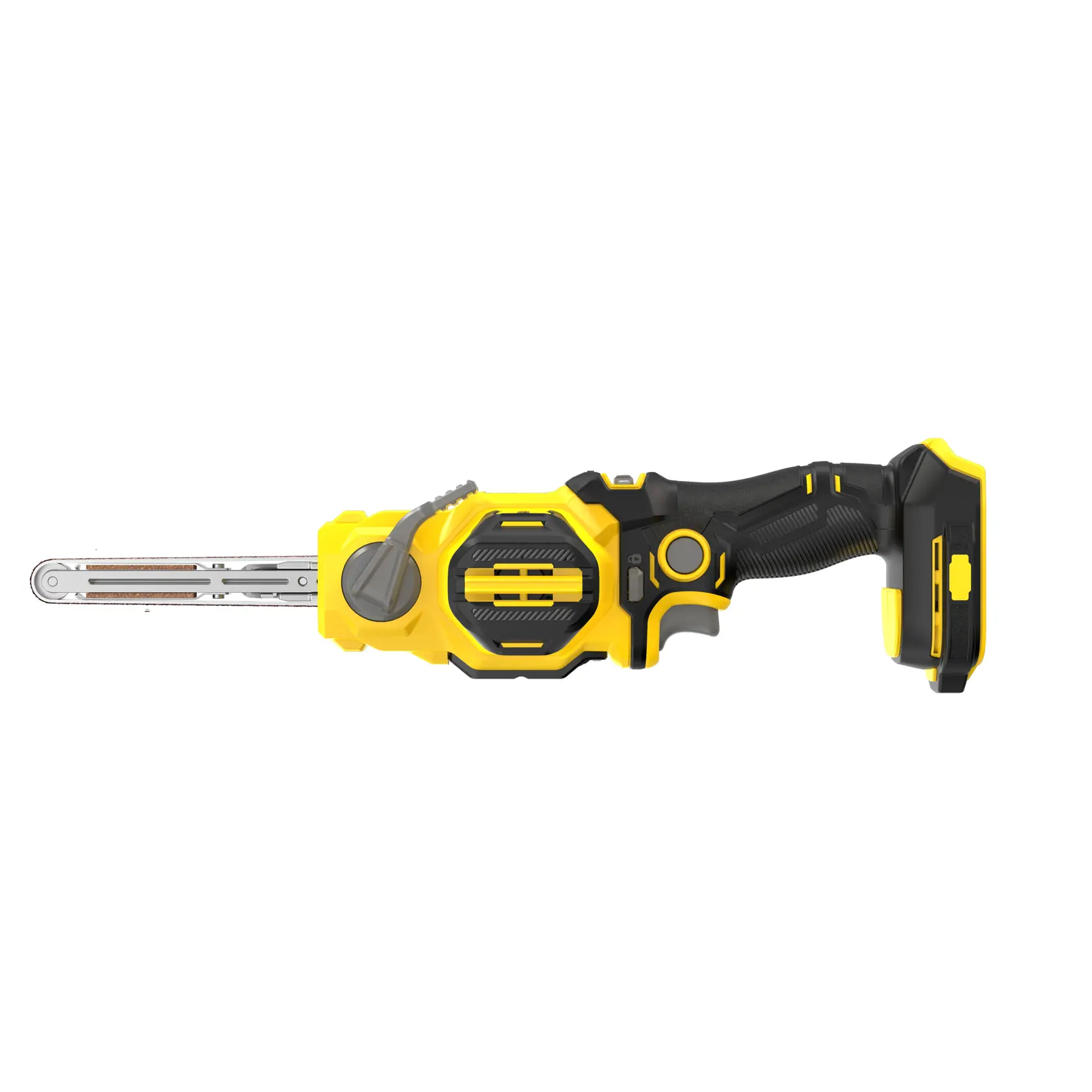 STANLEY SFMCE210B cordless belt file, yellow and black, side angle, white background.