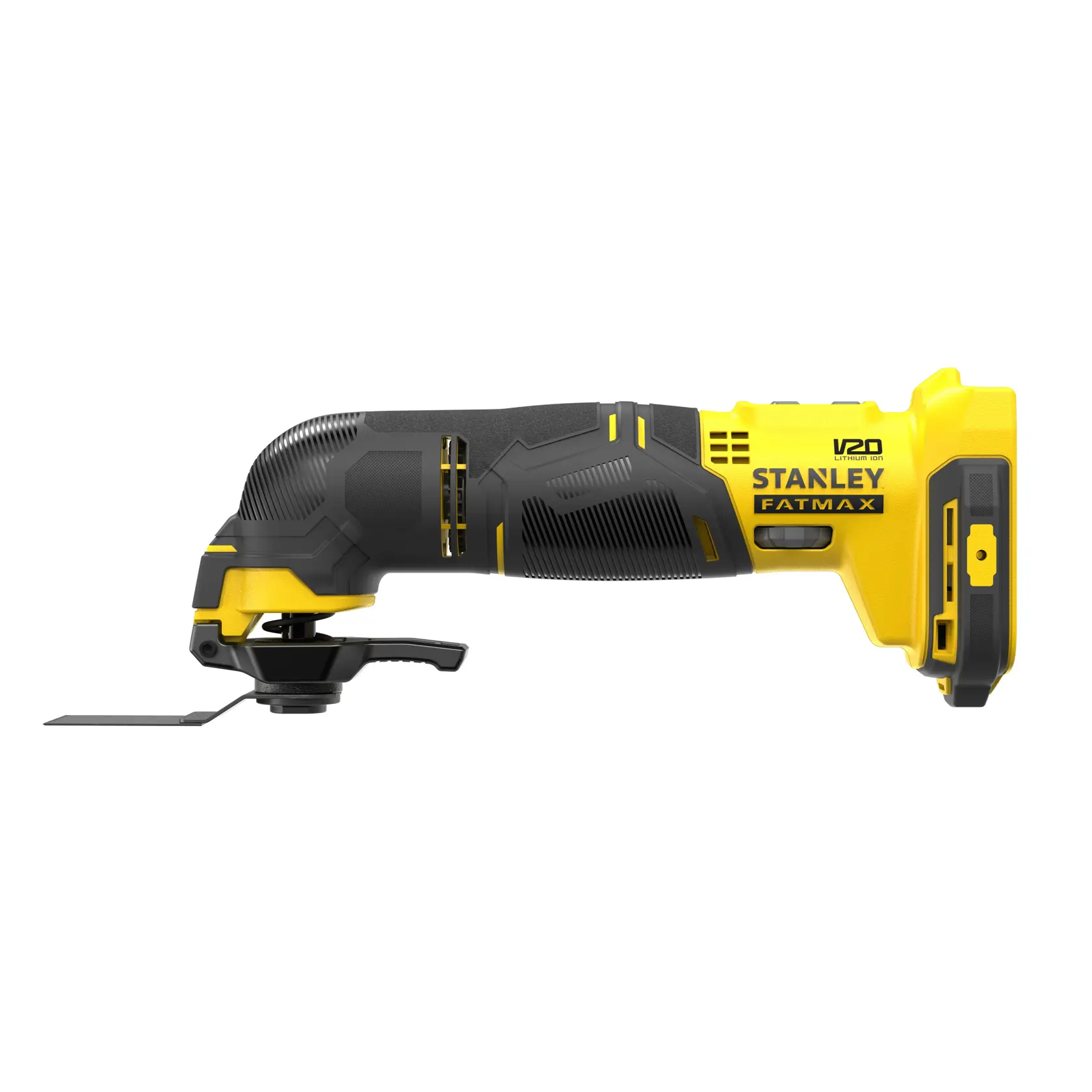 Photo of STANLEY SFMCE500B oscillating multi-tool in yellow and black, side angle, on white background.