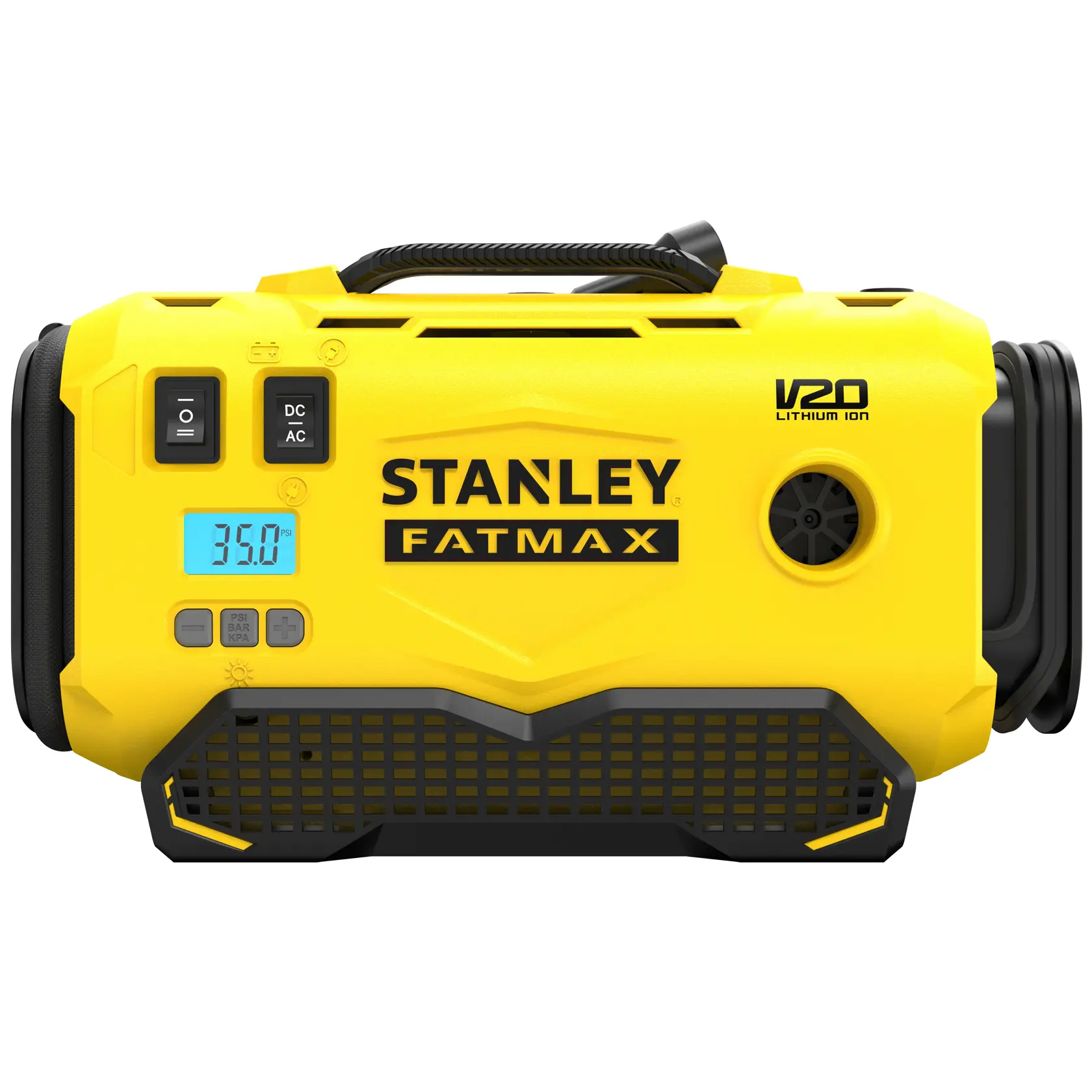 Photo of STANLEY SFMCE520B portable air compressor, yellow body, digital display, front view on white background.