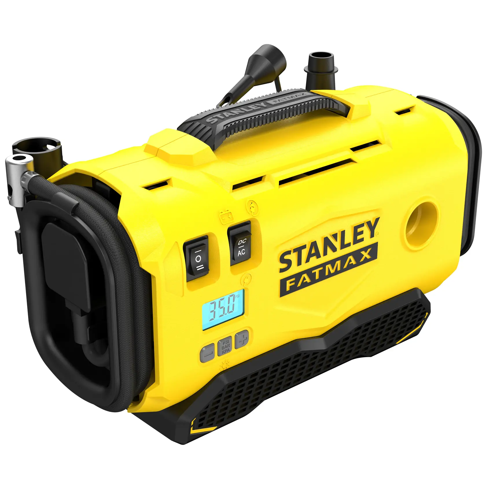 STANLEY SFMCE520B portable compressor, yellow and black, side angle, showing control panel, handle, and digital display.