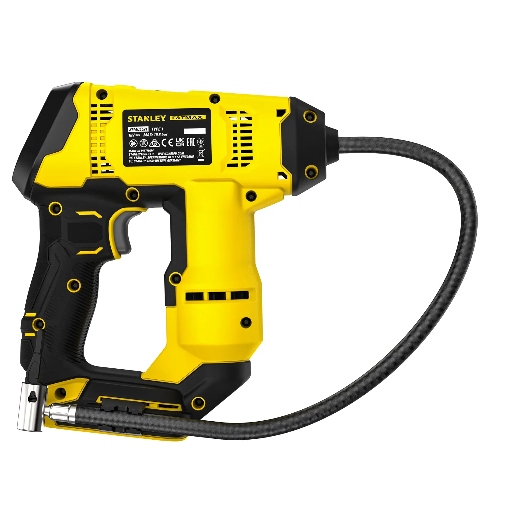 STANLEY SFMCE521B cordless electric inflator, yellow and black, side angle on white background.