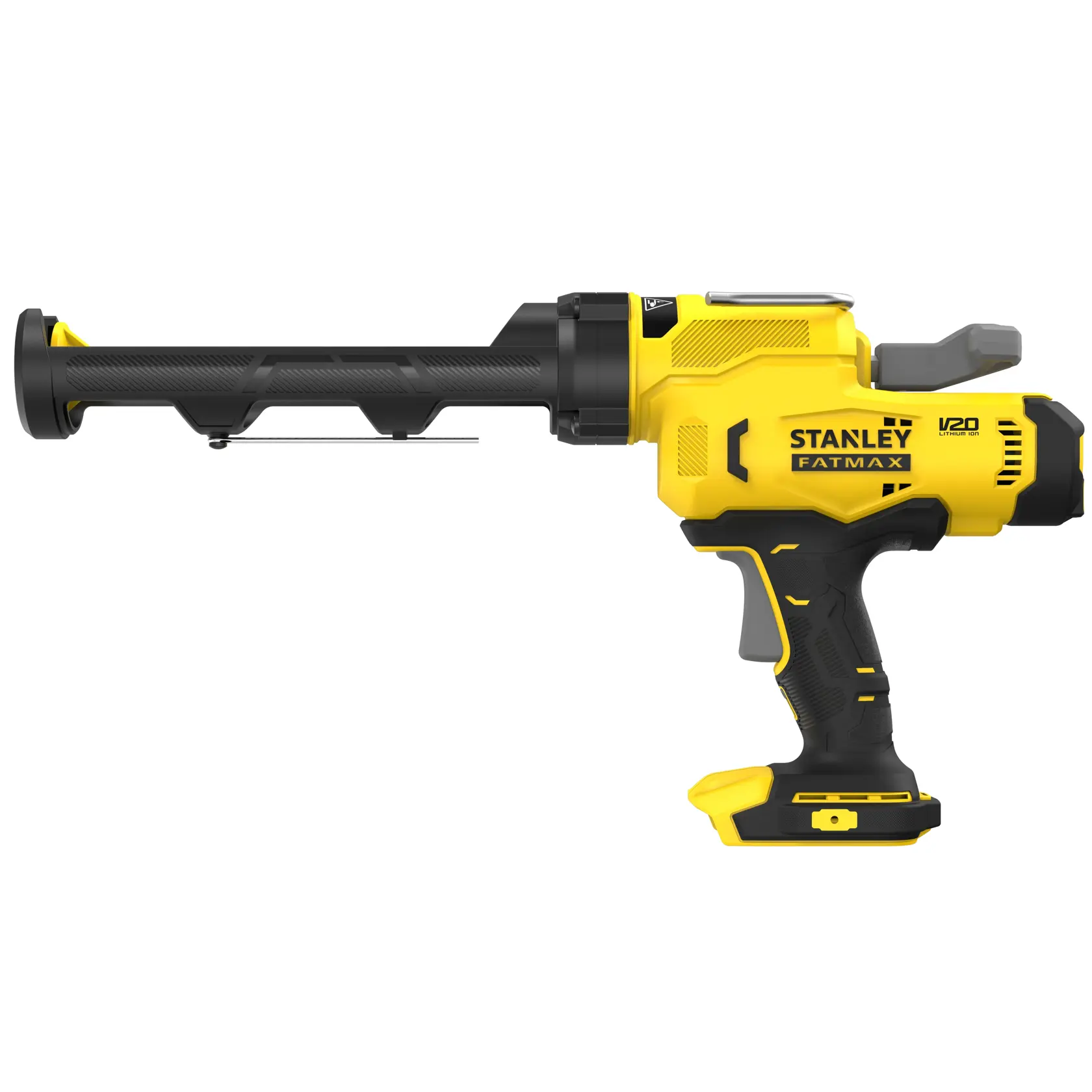 STANLEY SFMCE600B caulking gun, yellow and black, side angle, FATMAX V20 cordless design.
