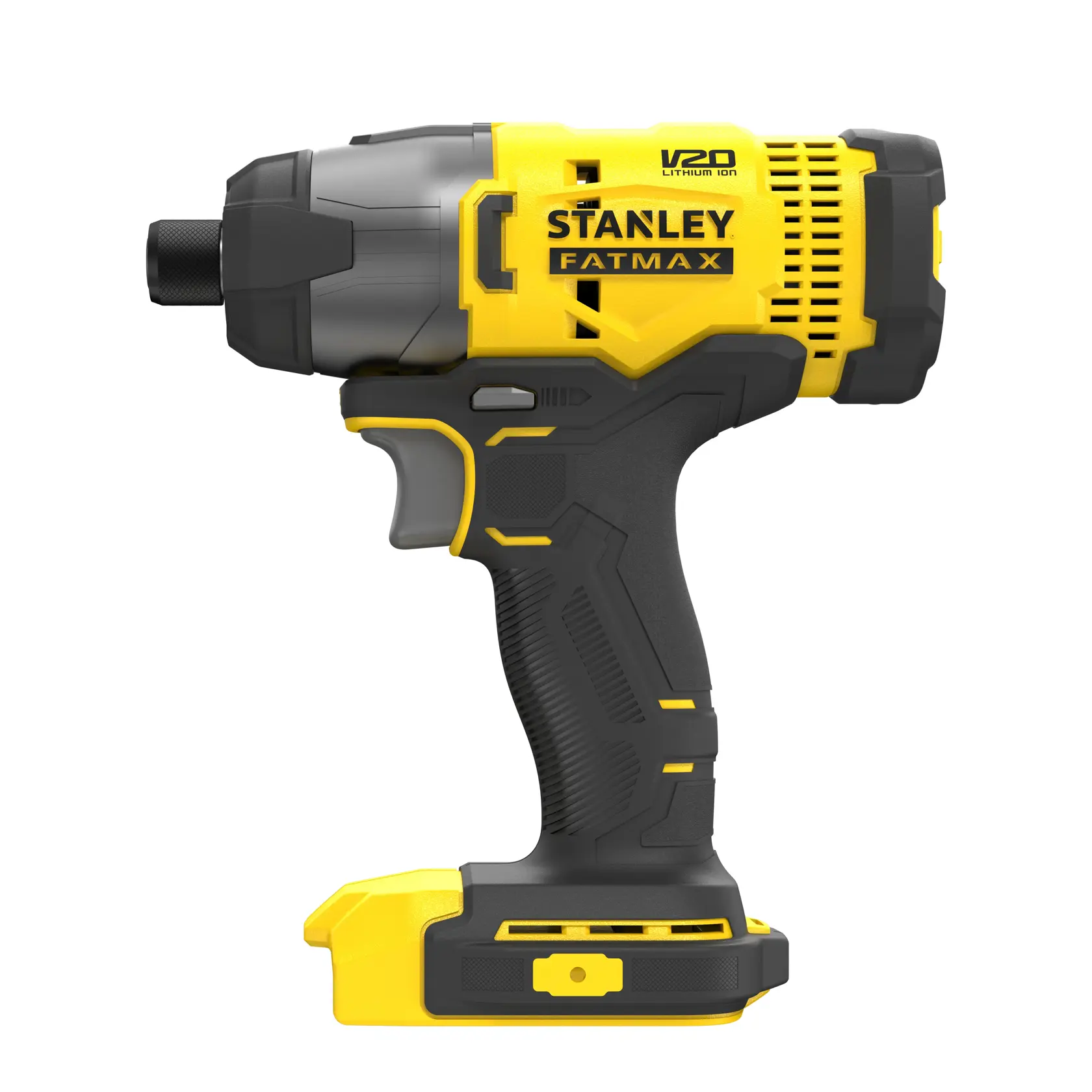 STANLEY SFMCF800DM2 impact driver, yellow and black, side view, photography on white background.