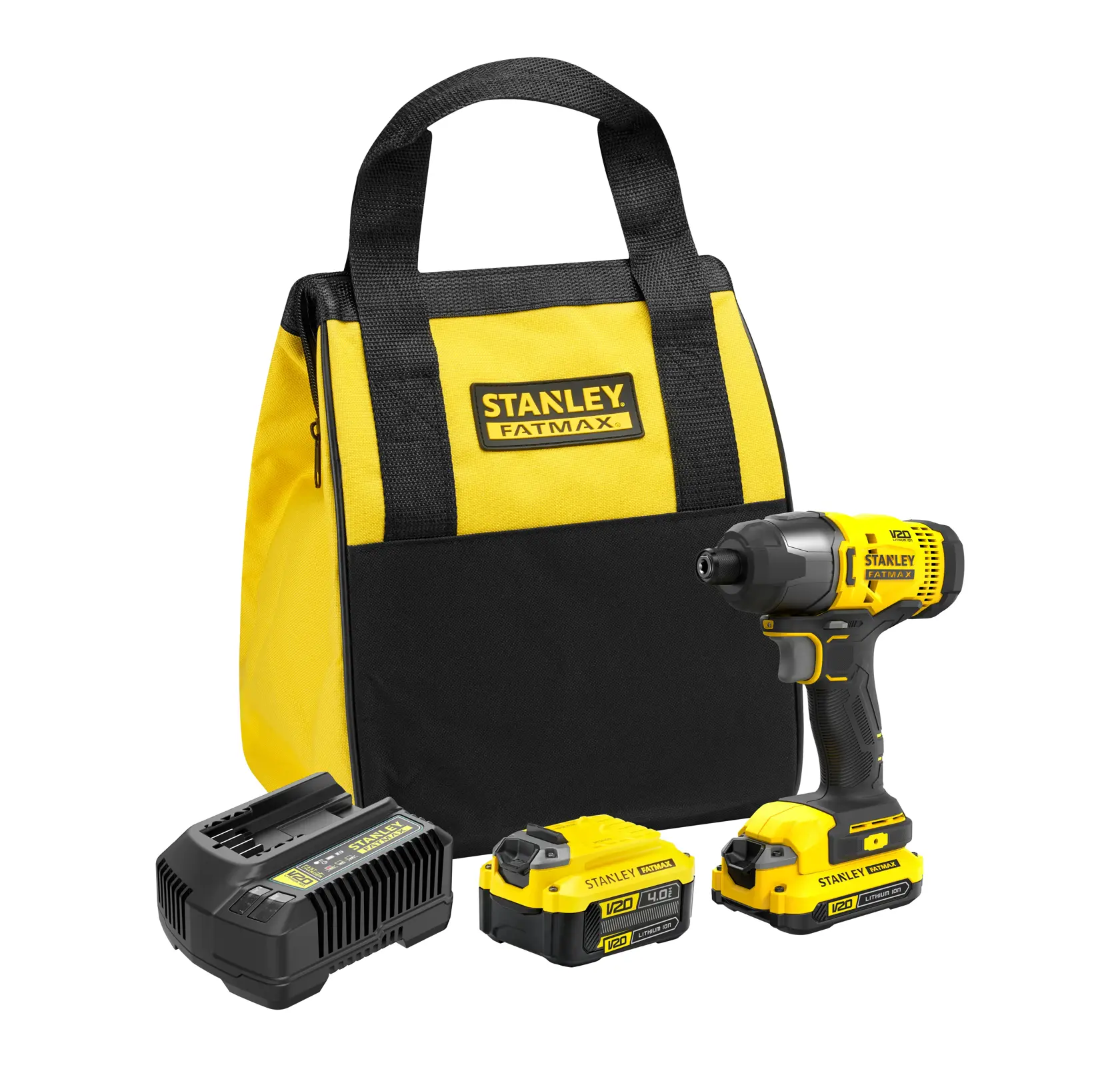 STANLEY SFMCF800DM2 cordless impact driver kit with yellow-black tool bag, charger, and two batteries, front view.