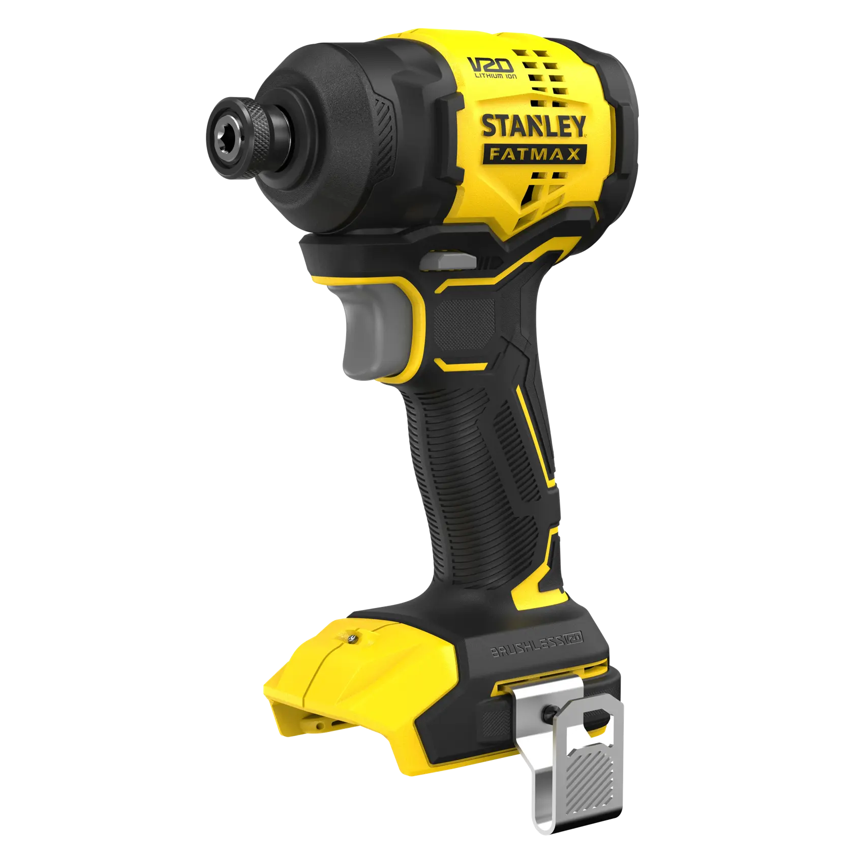 STANLEY SFMCF811B-XJ impact driver, yellow and black, brushless, side angle on white background.