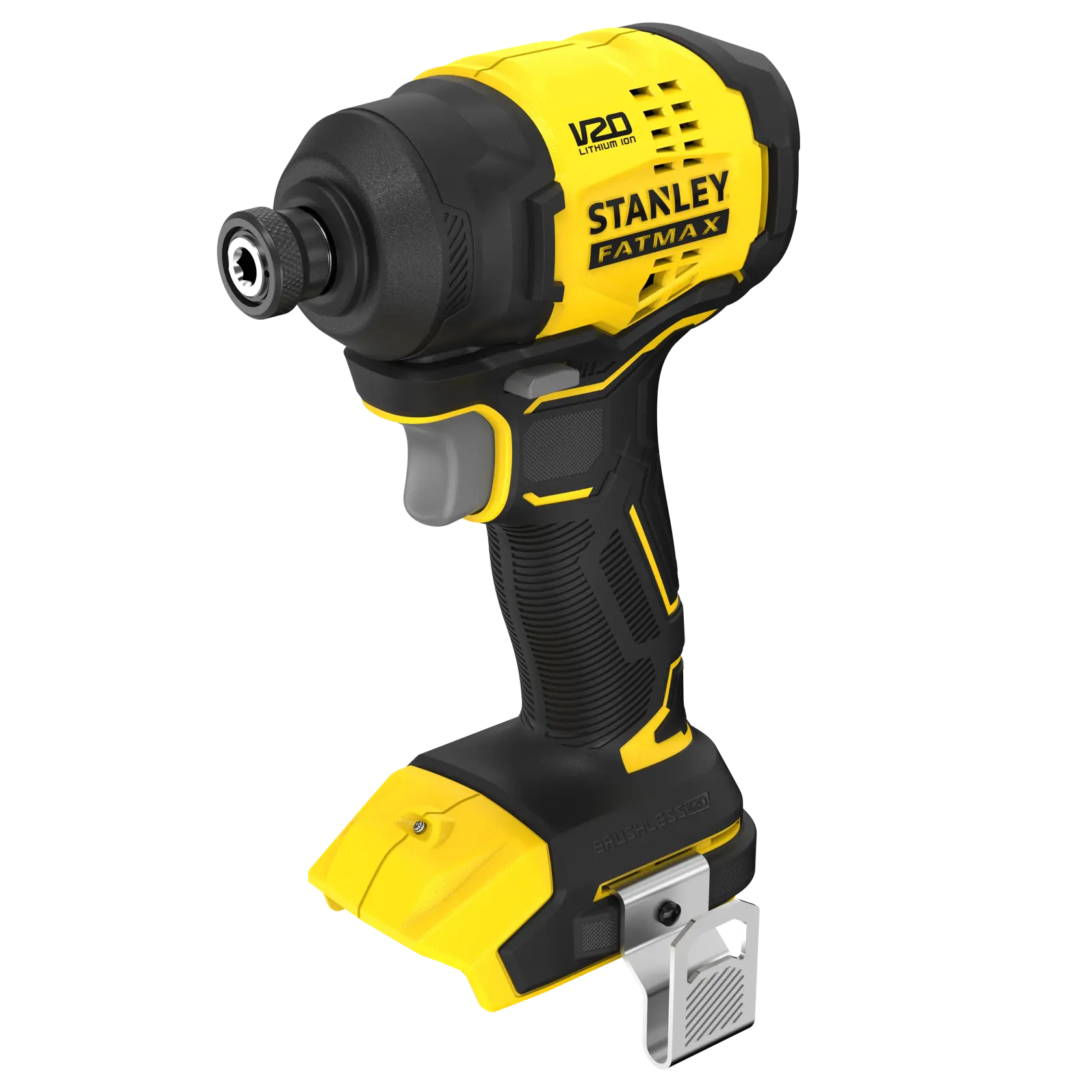 STANLEY SFMCF811B-XJ cordless impact driver, yellow and black, front left angle, photography on white background.