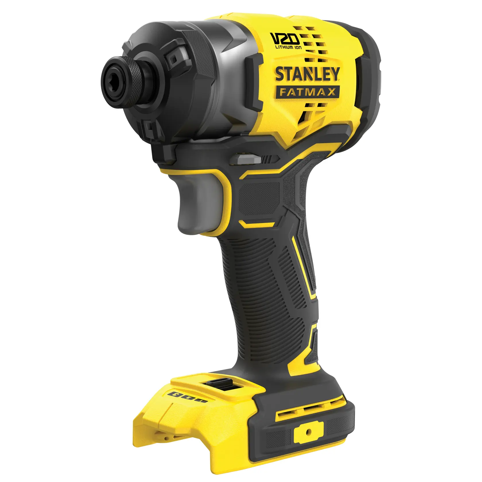 STANLEY SFMCF820B cordless impact driver, yellow and black, front angled photo on white background.