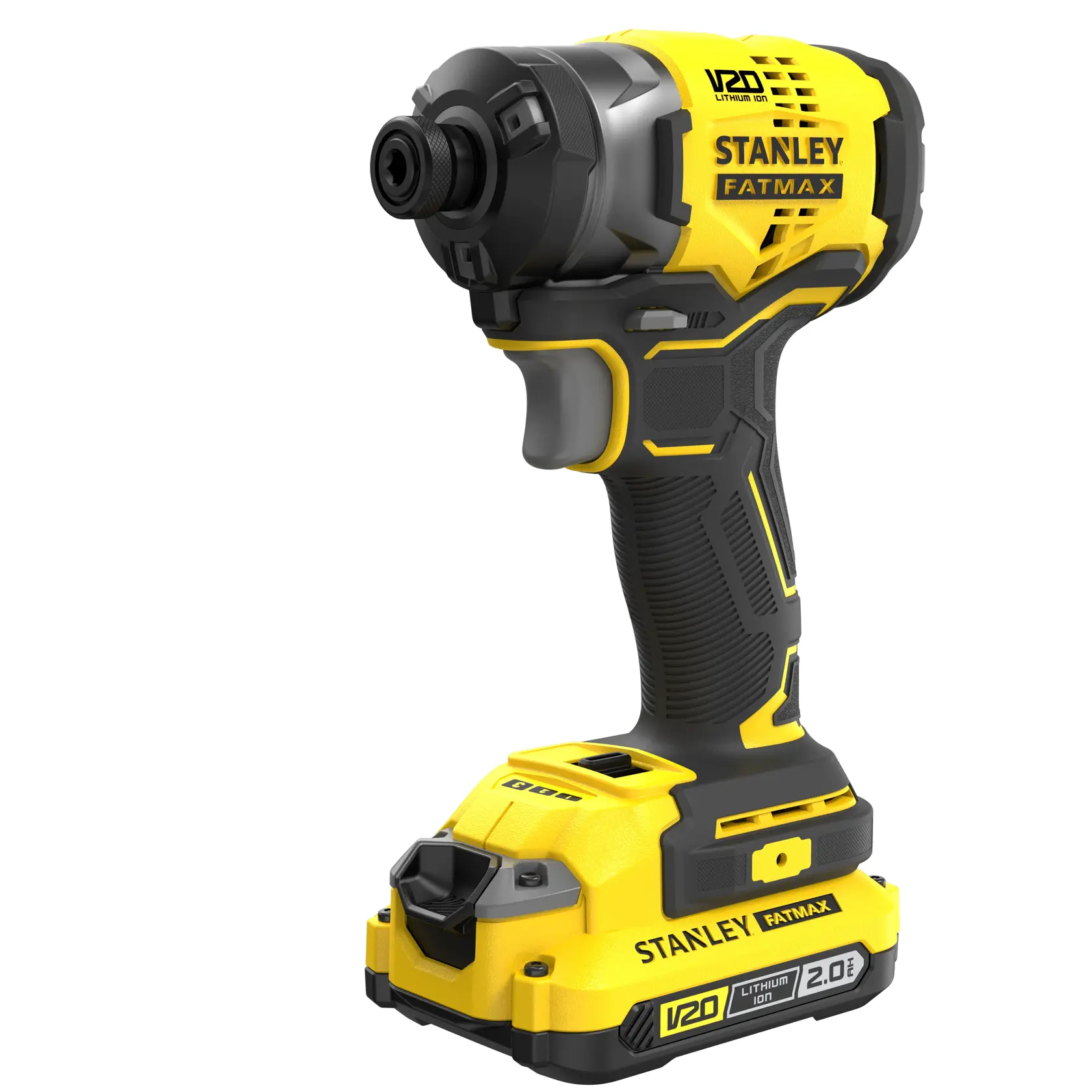 Stanley Fatmax V20 cordless impact driver with yellow and black design and lithium-ion battery.