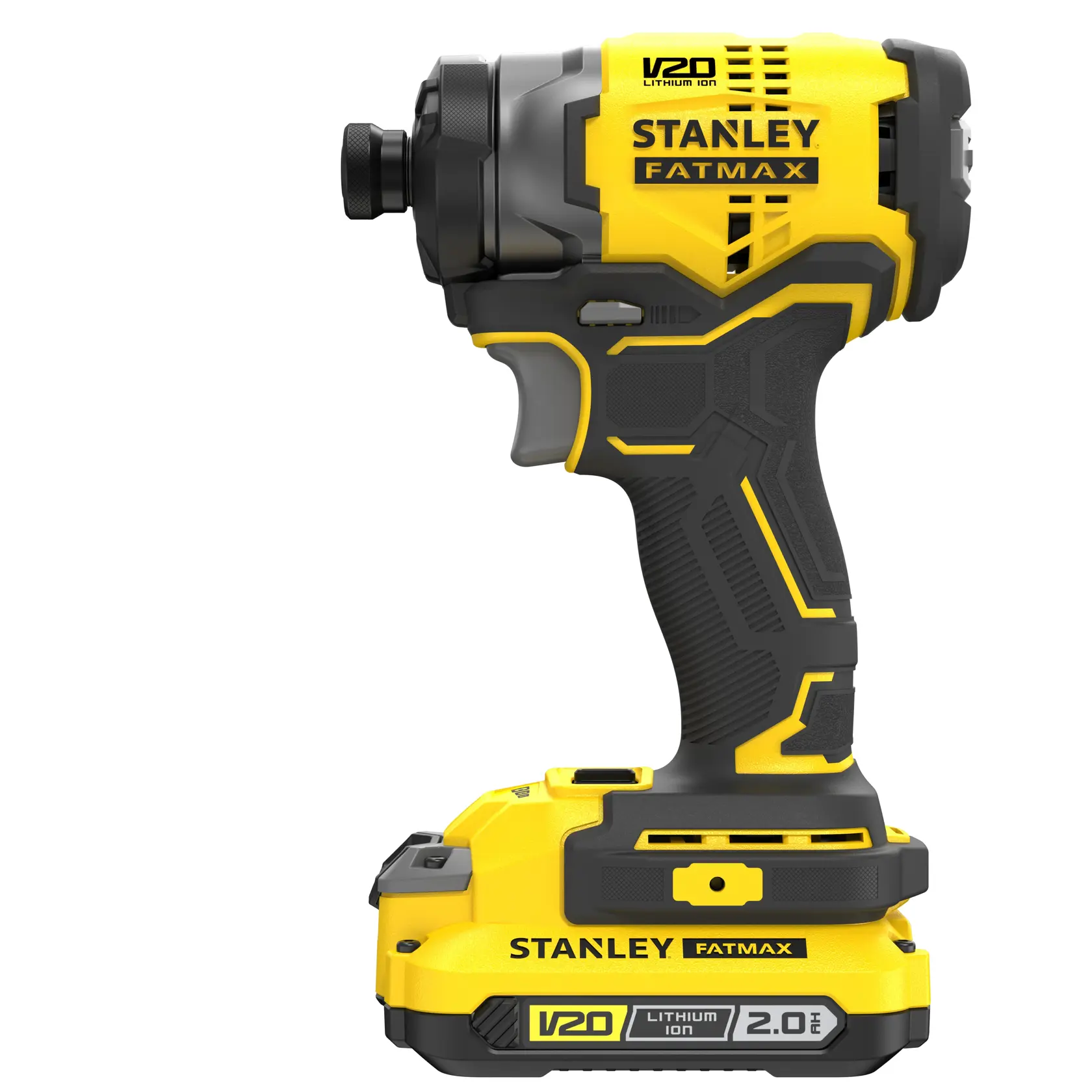 Stanley Fatmax V20 cordless impact driver in yellow and black with a lithium-ion battery at the base.