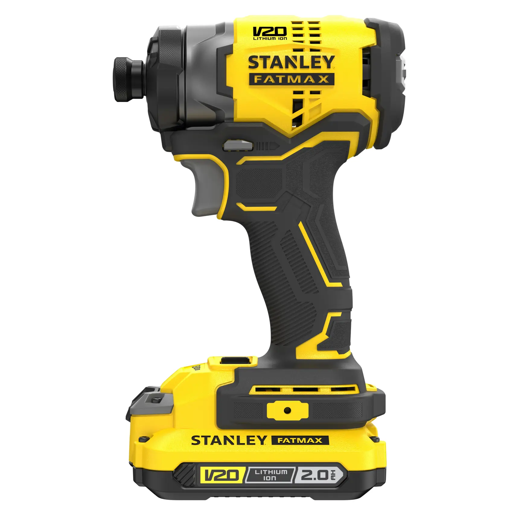Stanley SFMCF820D2K cordless impact driver, yellow and black, side view on white background.