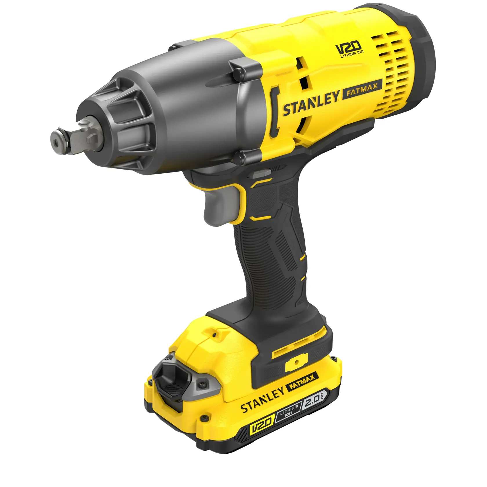 Stanley SFMCF900B cordless impact wrench, yellow and black, front angle on white background.