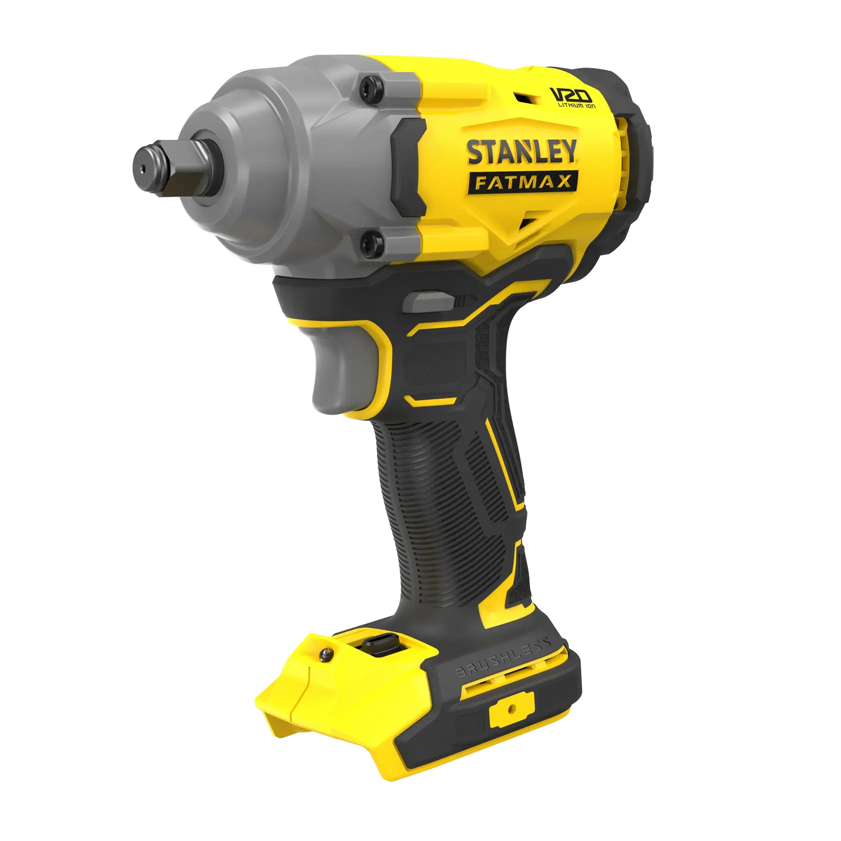 Cordless STANLEY FATMAX impact wrench, yellow and black, brushless, battery not included.