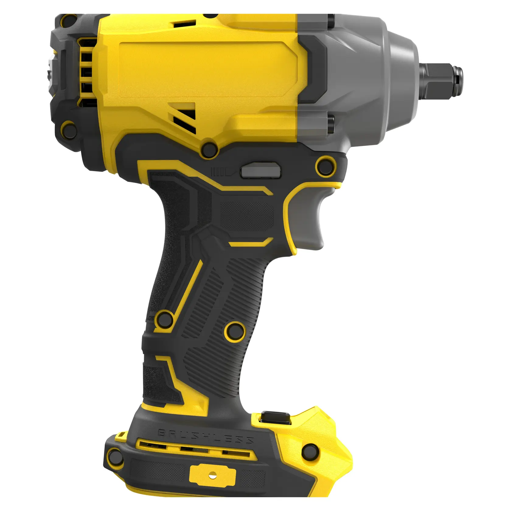 Yellow and black cordless impact driver with ergonomic grip, shown from the side on a white background.