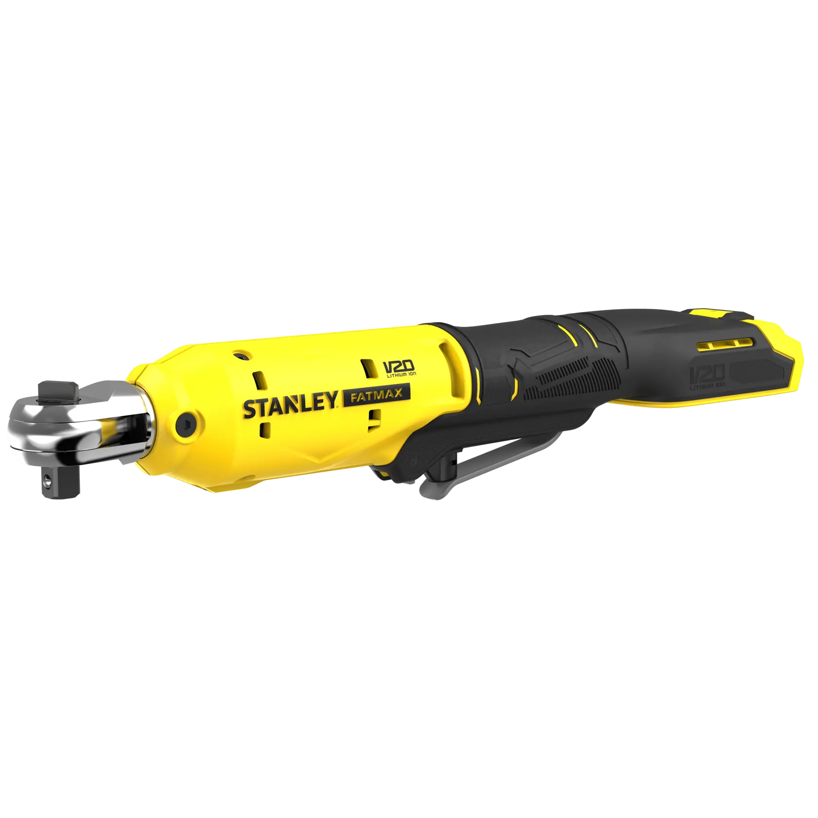 STANLEY SFMCF930B cordless ratchet tool, yellow and black, side angle, product photography.