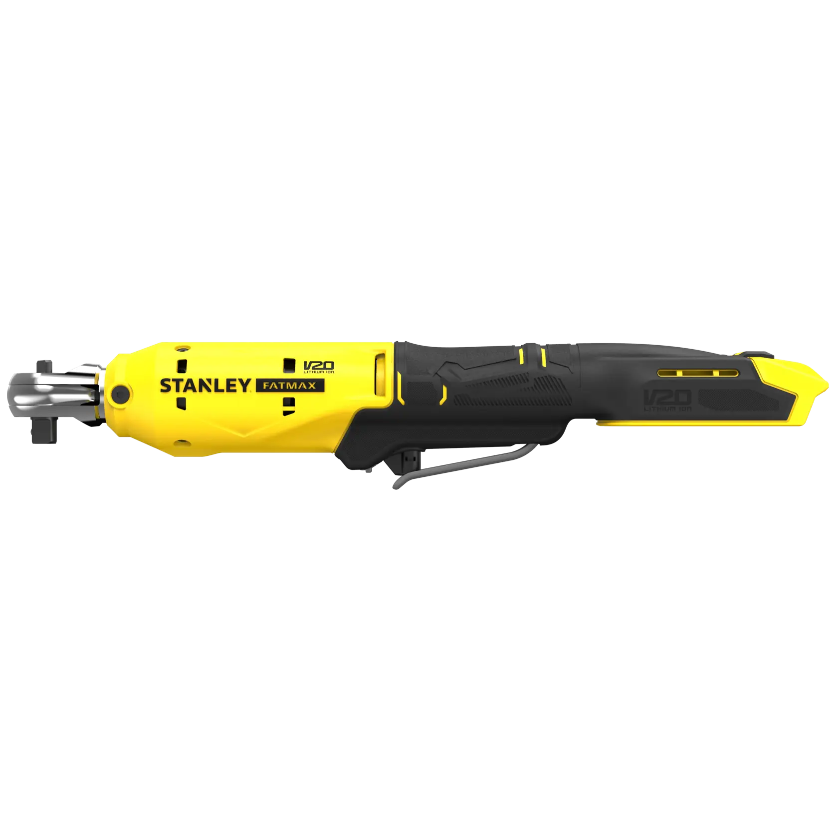 Photo of STANLEY SFMCF930B cordless ratchet tool, yellow and black, side angle on white background.