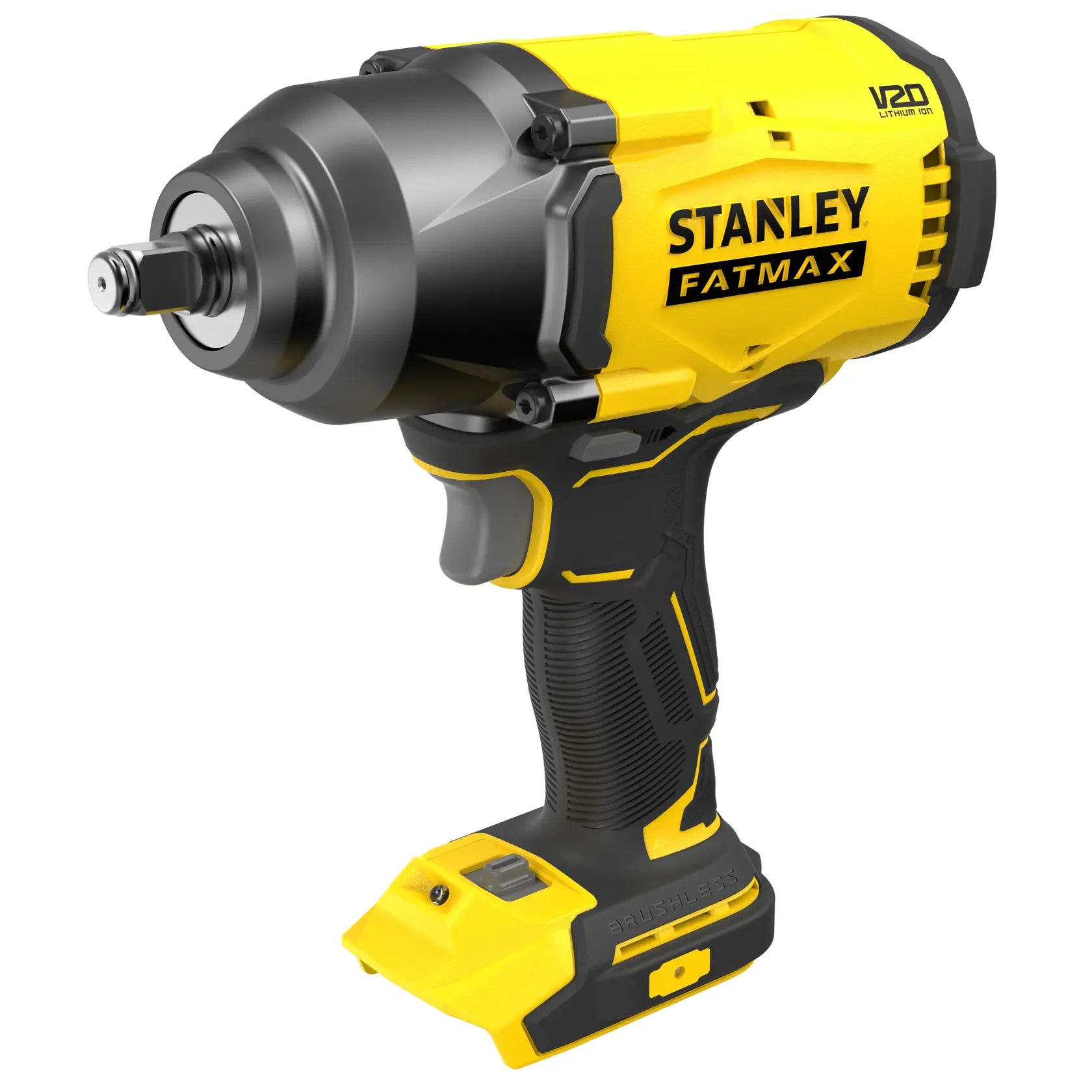 Photo of STANLEY SFMCF940B cordless impact wrench, yellow and black, side angle, product category photography.