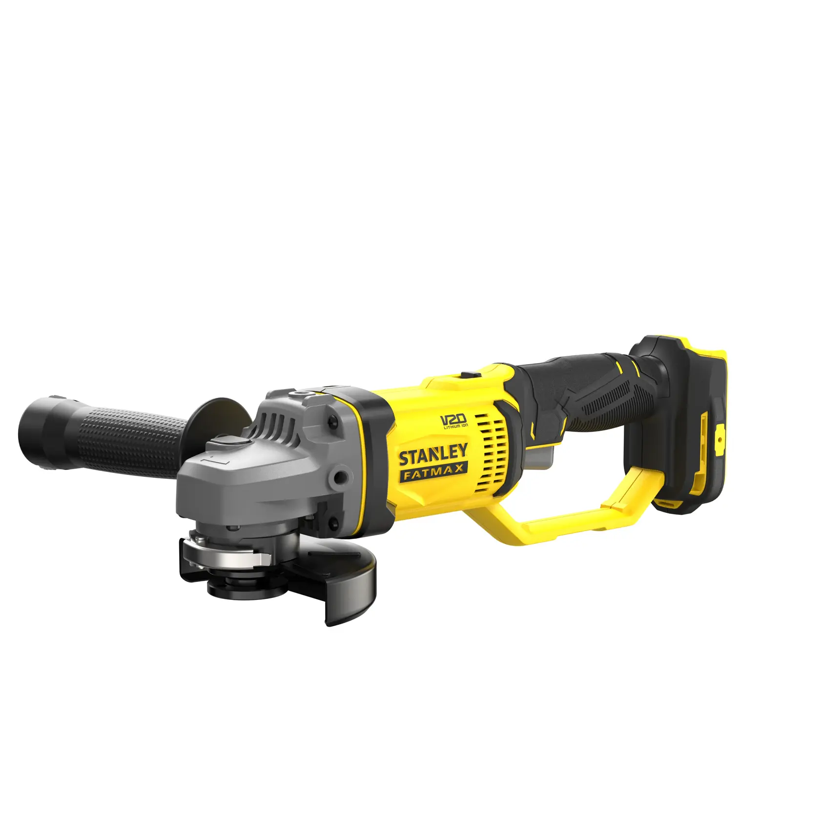 Photo of STANLEY SFMCG300B cordless angle grinder, yellow and black, product side view.