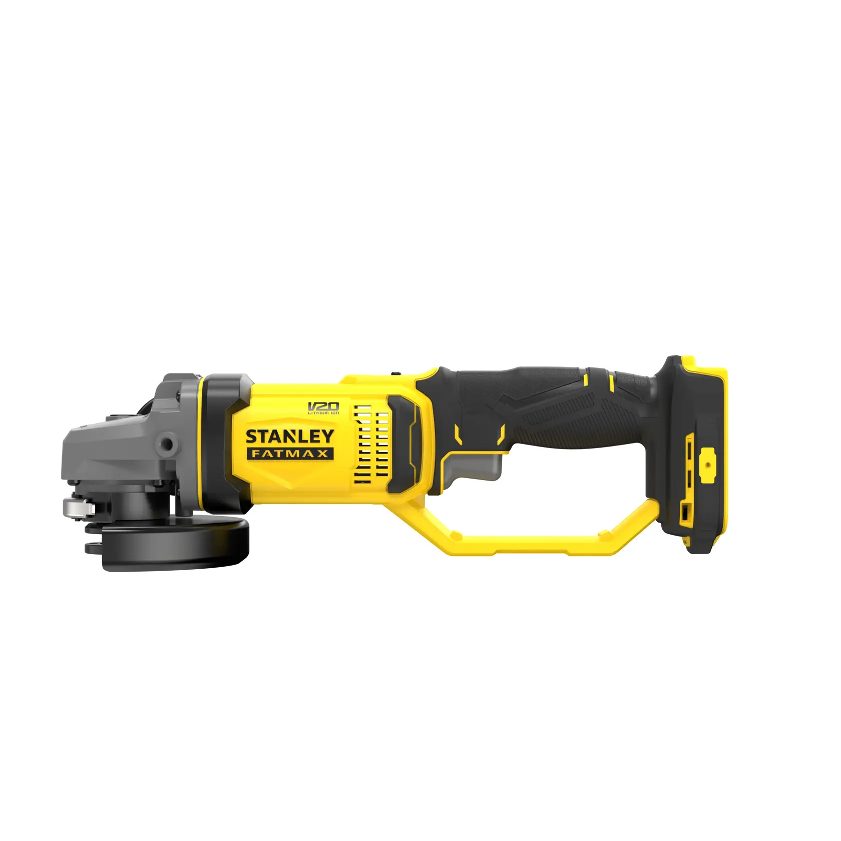 STANLEY SFMCG400B cordless angle grinder, yellow and black, side view on white background.