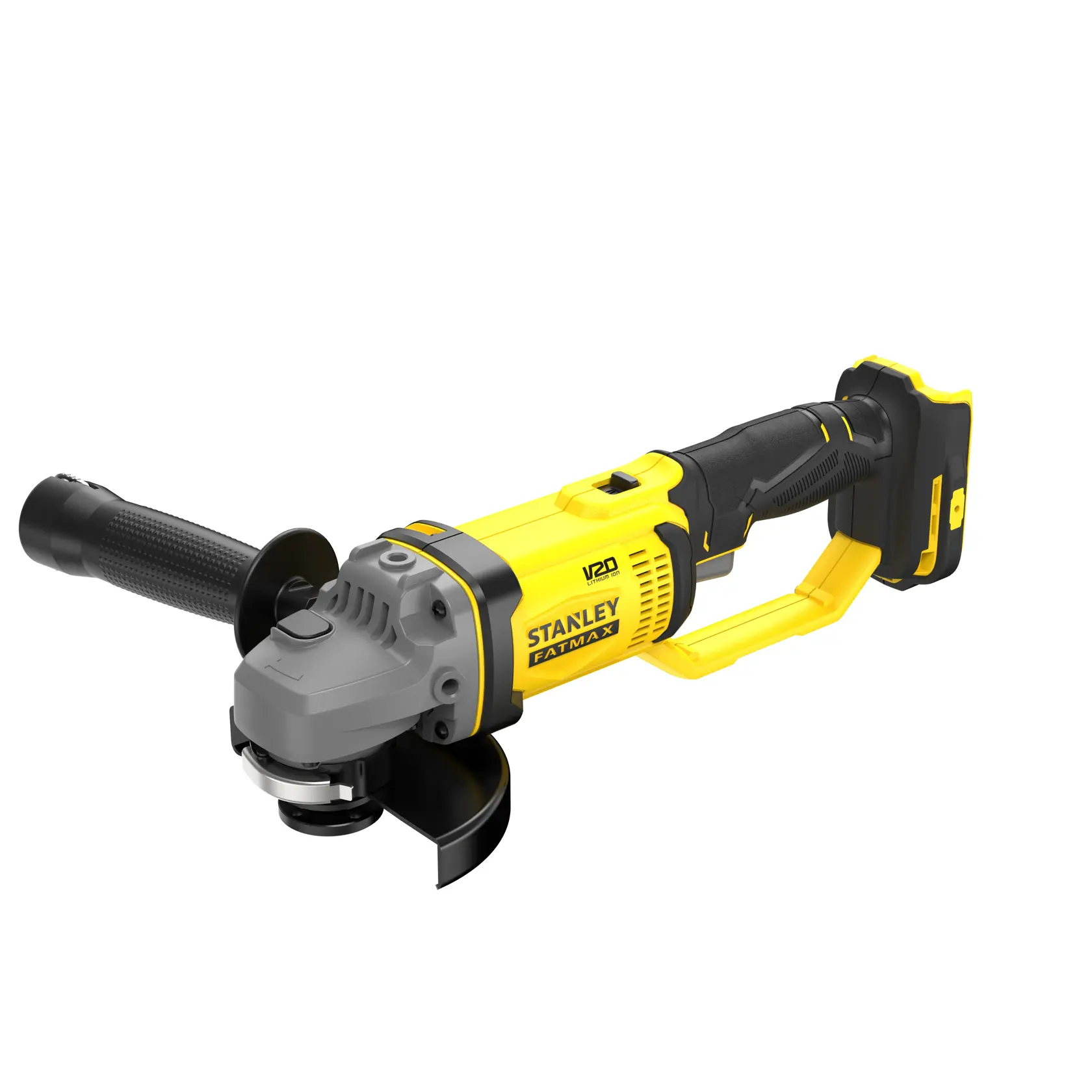 Photo of STANLEY SFMCG400B cordless angle grinder, yellow and black, side view on white background.