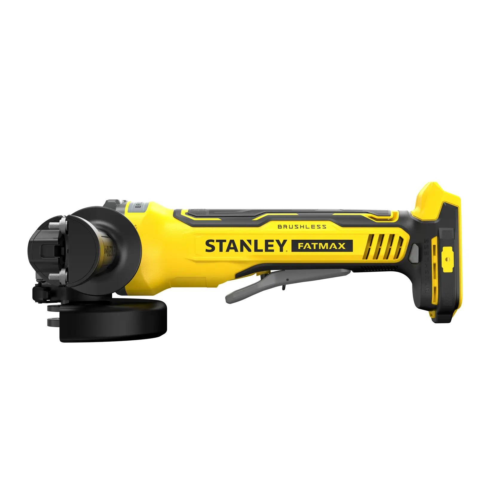 Photo of STANLEY SFMCG700B brushless cordless angle grinder, yellow and black, side view.