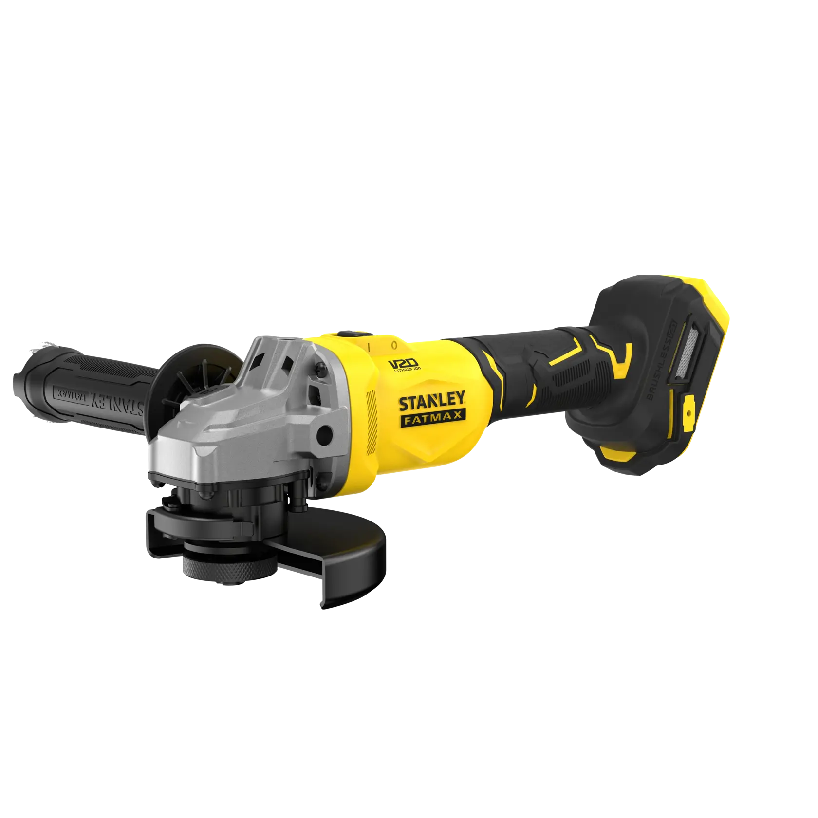 STANLEY SFMCG710B-XJ cordless angle grinder, yellow and black, front-left angle on white background.