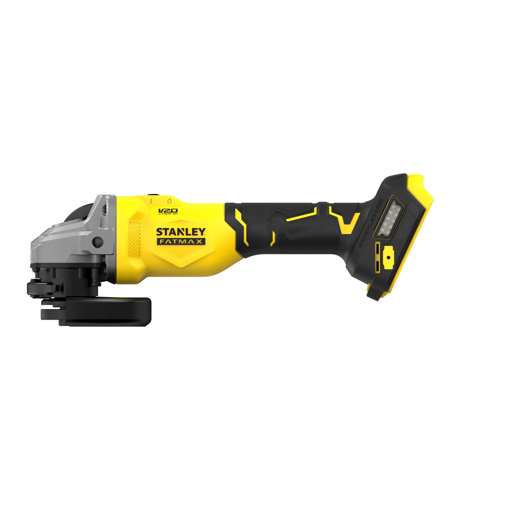 STANLEY SFMCG710B-XJ cordless angle grinder side view, yellow and black body, battery slot visible.