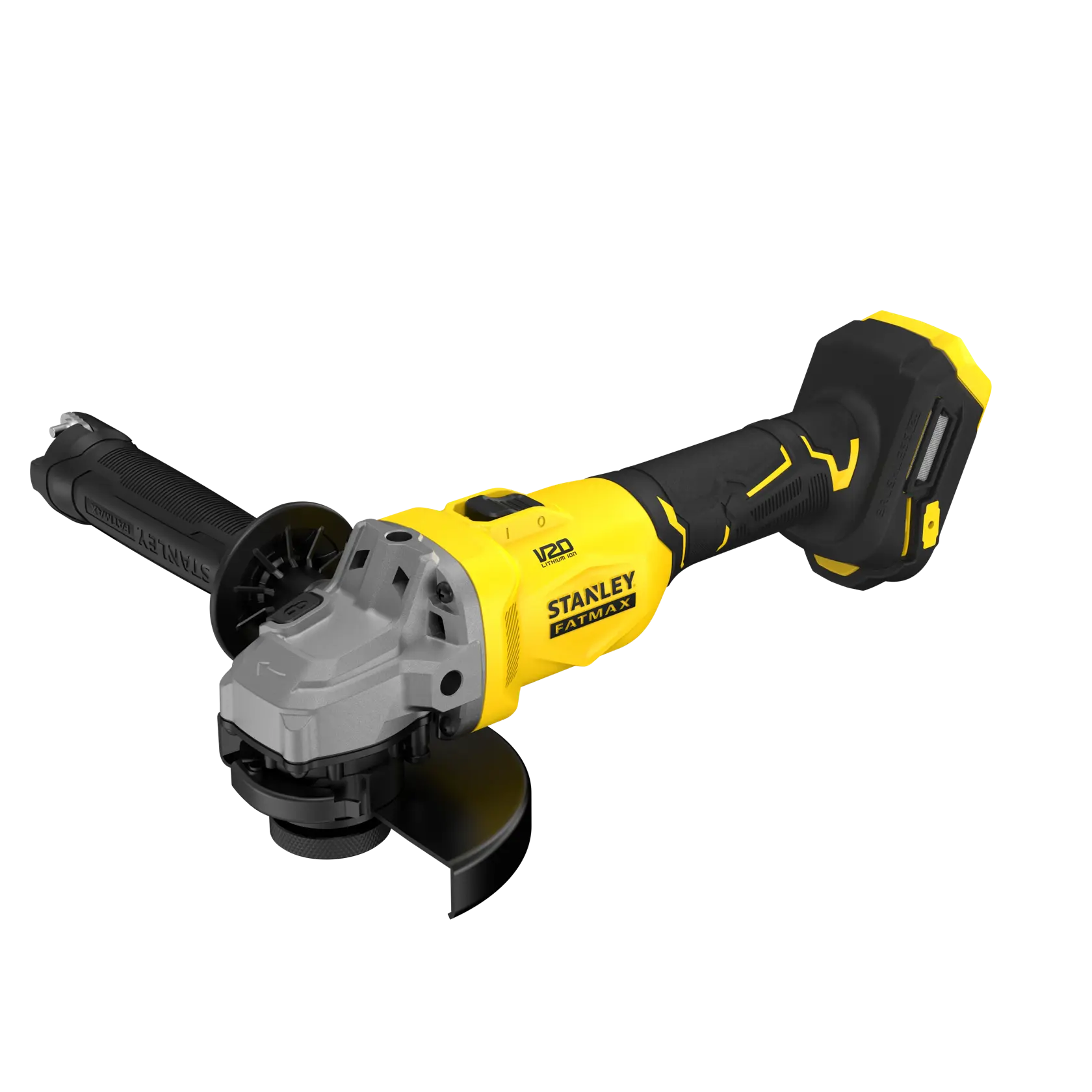 STANLEY SFMCG710B-XJ angle grinder, yellow and black, front angled view on white background