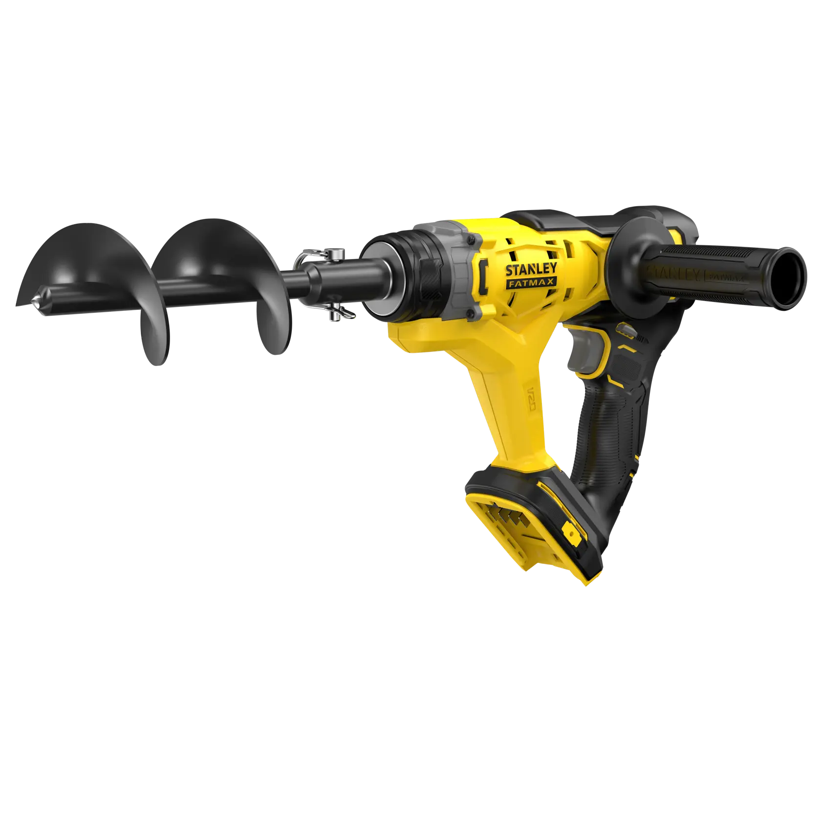 STANLEY SFMCGA75B cordless garden auger, yellow and black, side angle, on white background.