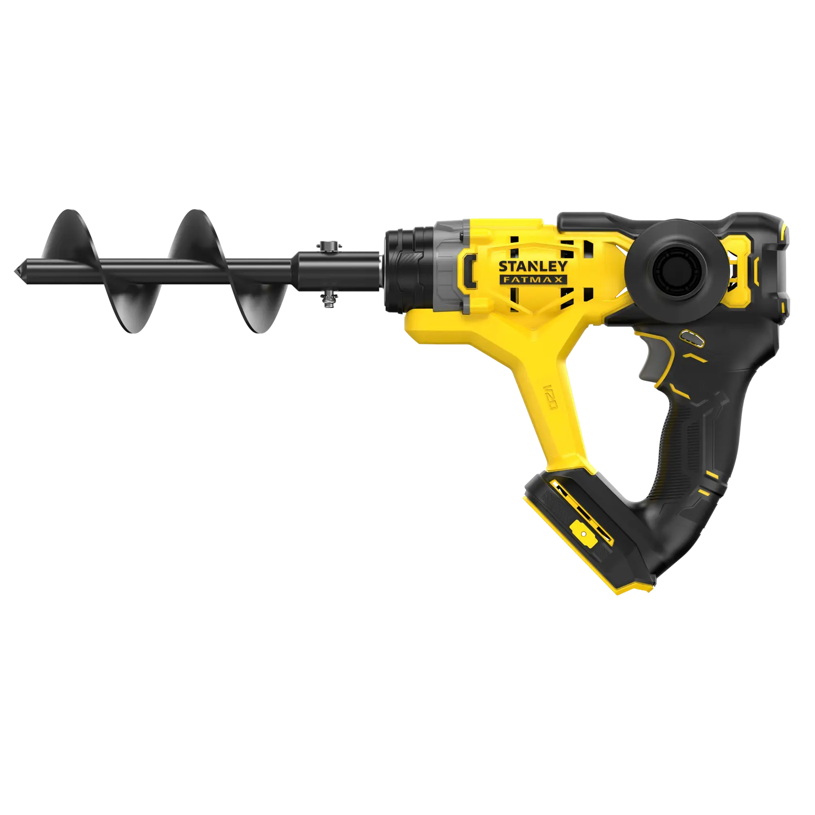 STANLEY SFMCGA75B cordless auger drill, yellow and black, side view on white background.