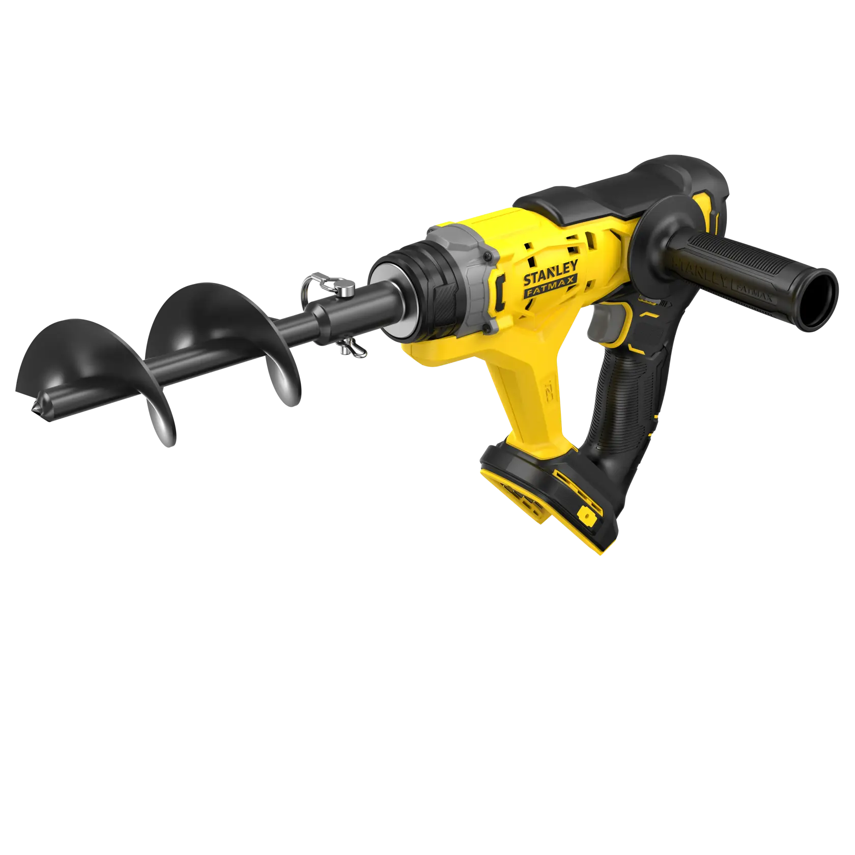 Photo of STANLEY SFMCGA75B cordless earth auger, yellow and black, side angle on white background.
