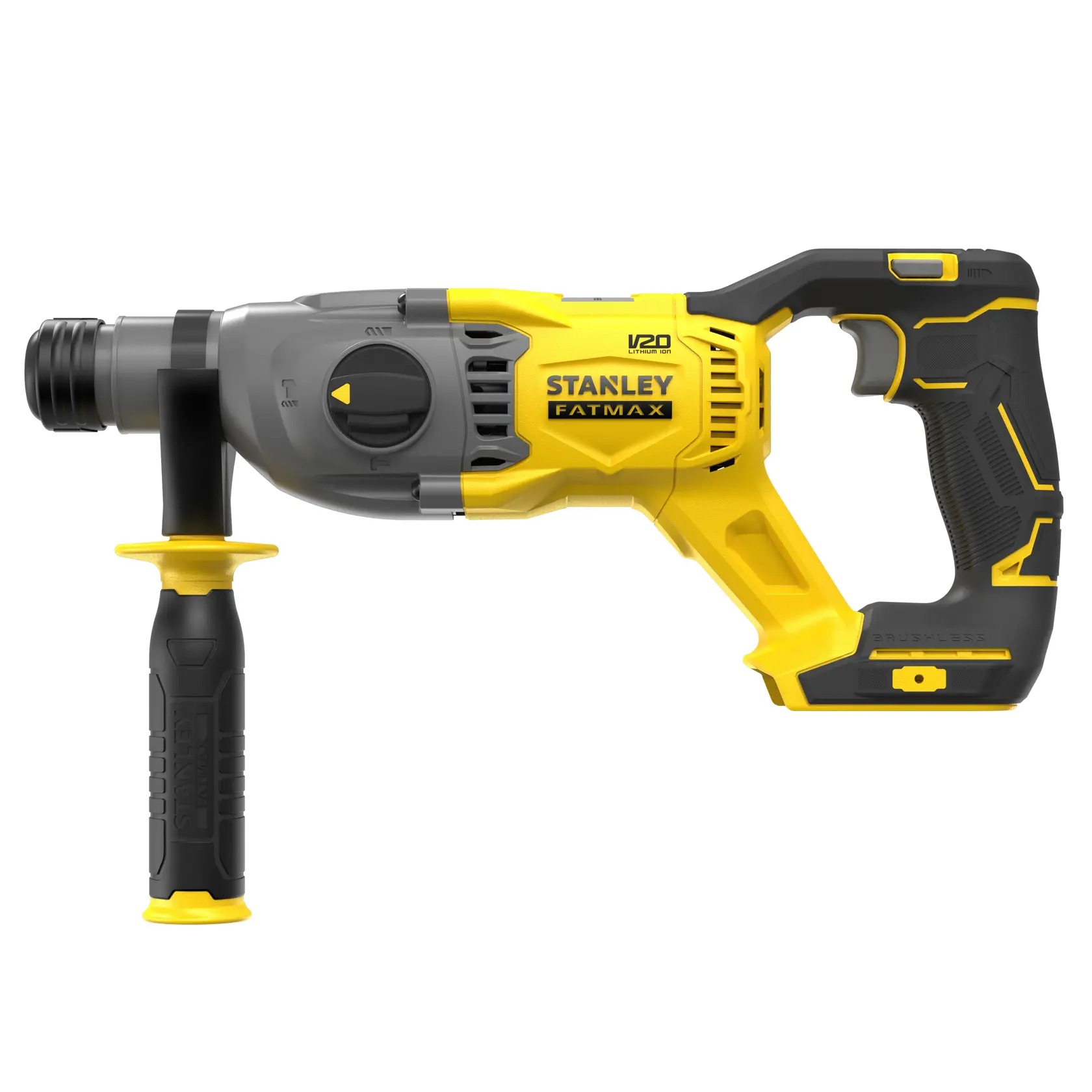 STANLEY SFMCH900B rotary hammer drill, yellow and black, left side view, featuring auxiliary handle.
