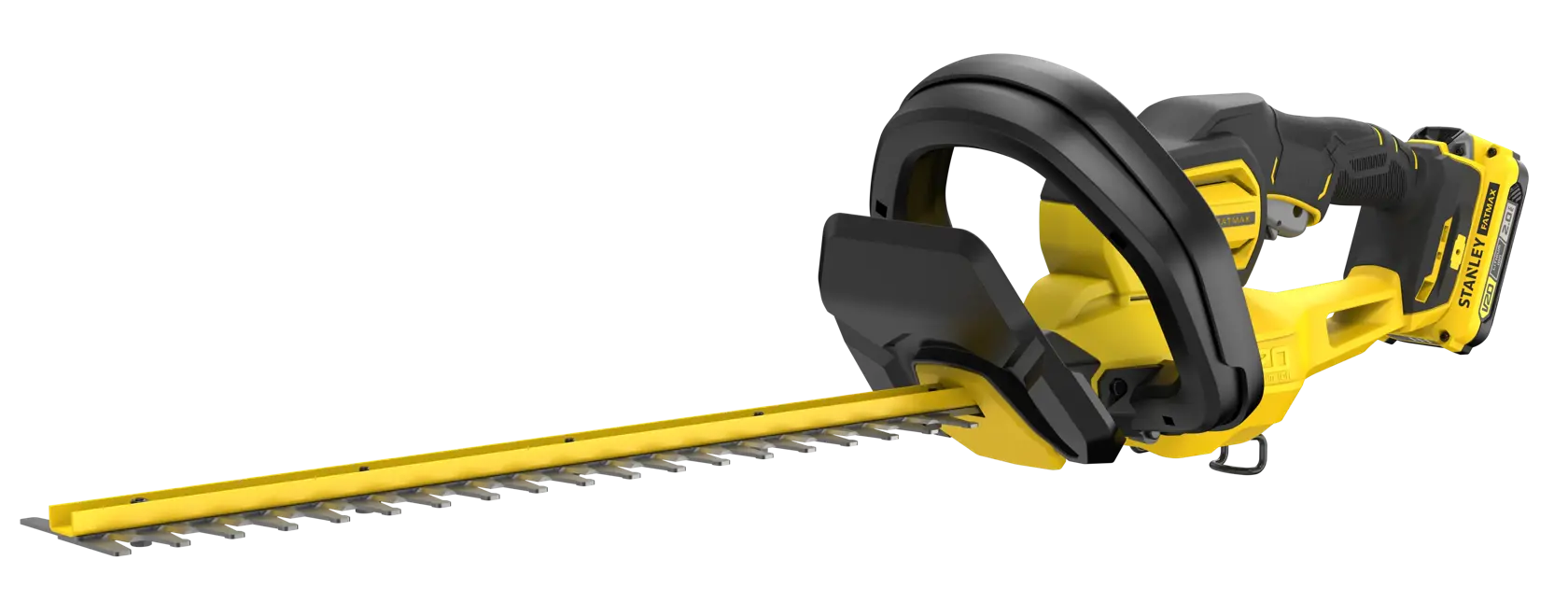 STANLEY SFMCHT650D1 cordless hedge trimmer, yellow and black, side angle on white background.