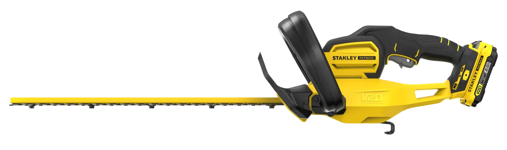 STANLEY SFMCHT650D1 hedge trimmer side view, yellow and black, cordless with battery attached.