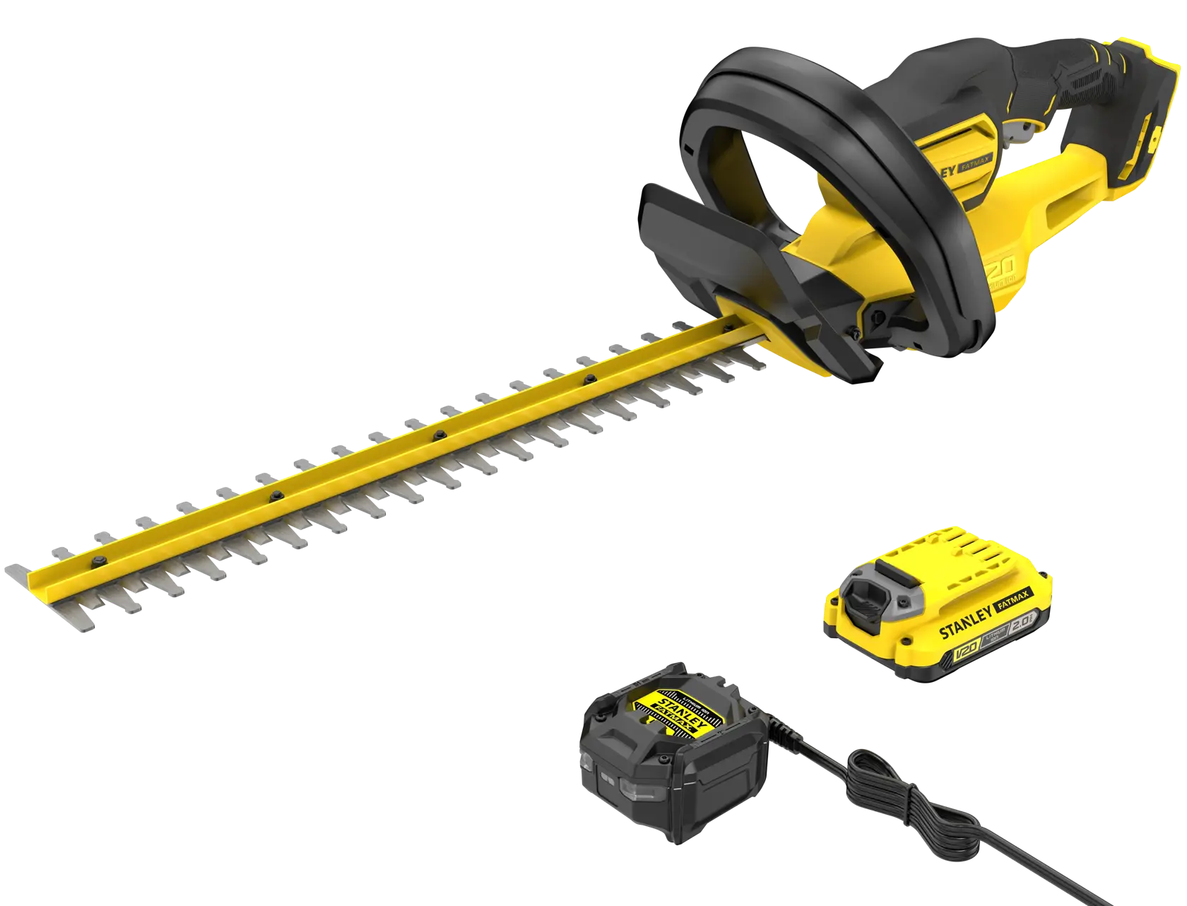 Photo of STANLEY SFMCHT650D1 hedge trimmer kit with yellow and black trimmer, battery, and charger, front angle.