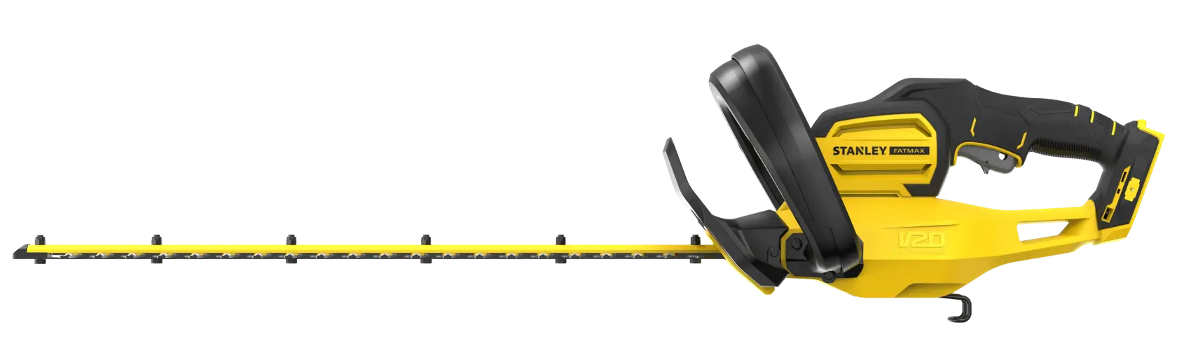 STANLEY SFMCHT655B cordless hedge trimmer, yellow and black, side angle on white background.