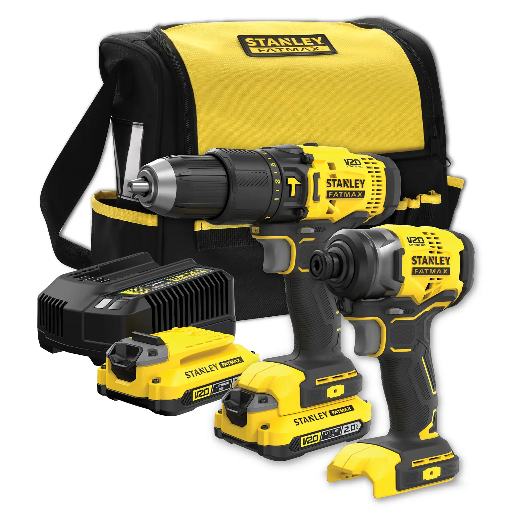 STANLEY SFMCK465D2S cordless drill and impact driver kit, batteries, charger, and tool bag, front angle.