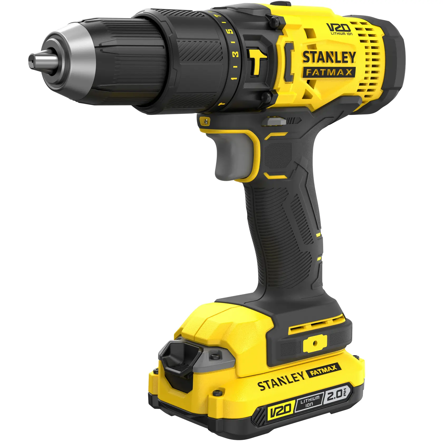 Photo of STANLEY SFMCK465D2S cordless drill driver, yellow and black, right side angle, V20 Lithium Ion.