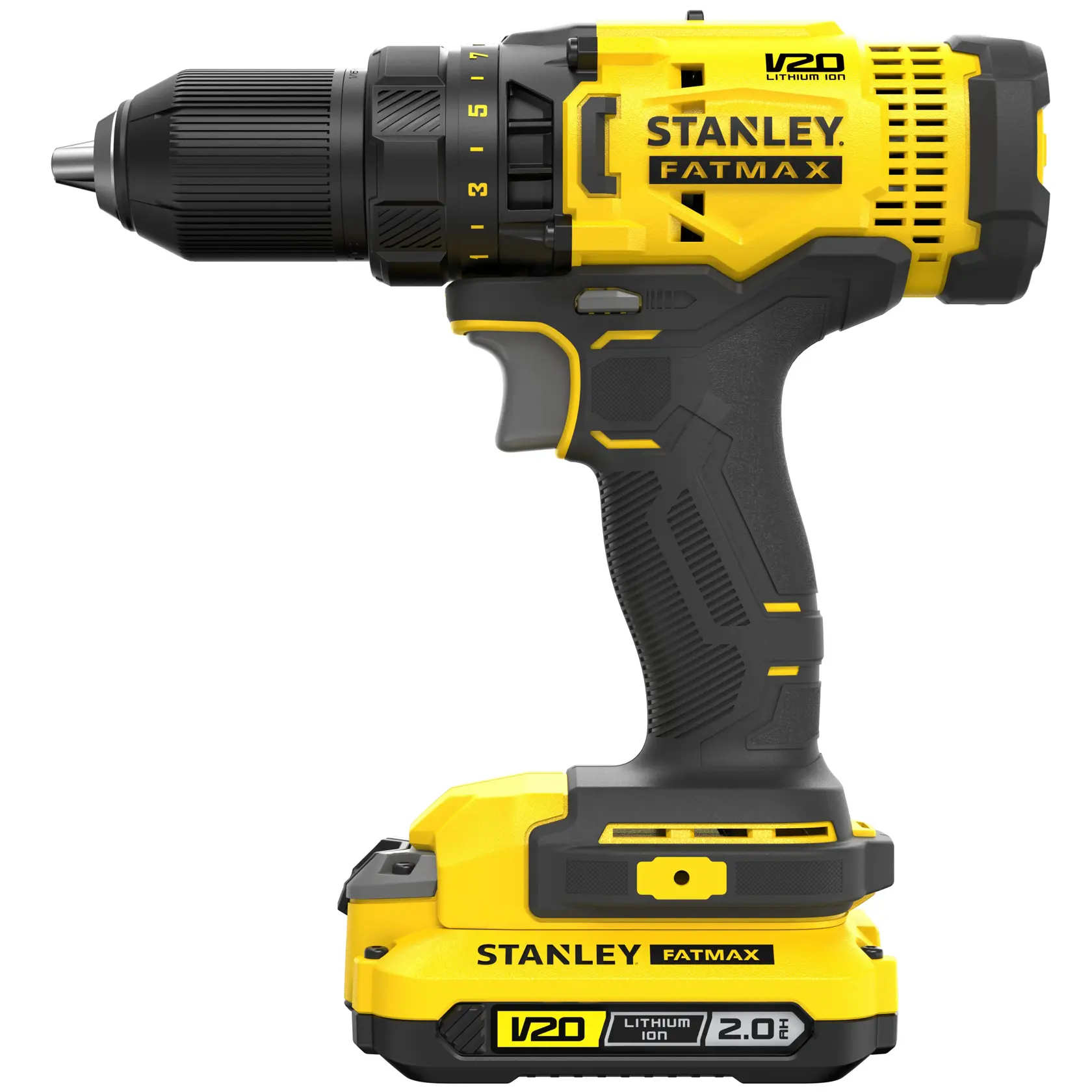 STANLEY SFMCK470D2 cordless drill driver in yellow and black, angled left on white background.